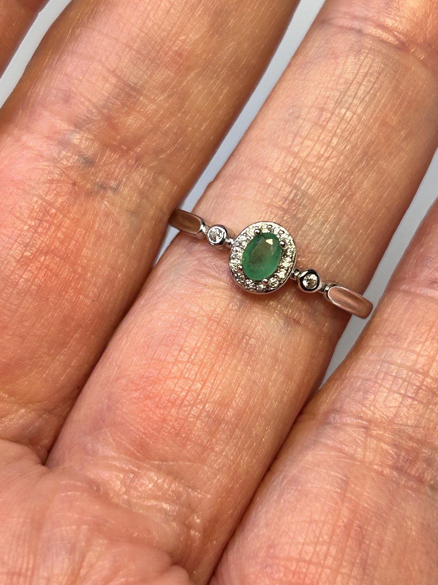 Dainty Stacking Ring with Emerald Gemstone & CZ Accents • 925 Sterling Silver • Adjustable • Gift Box