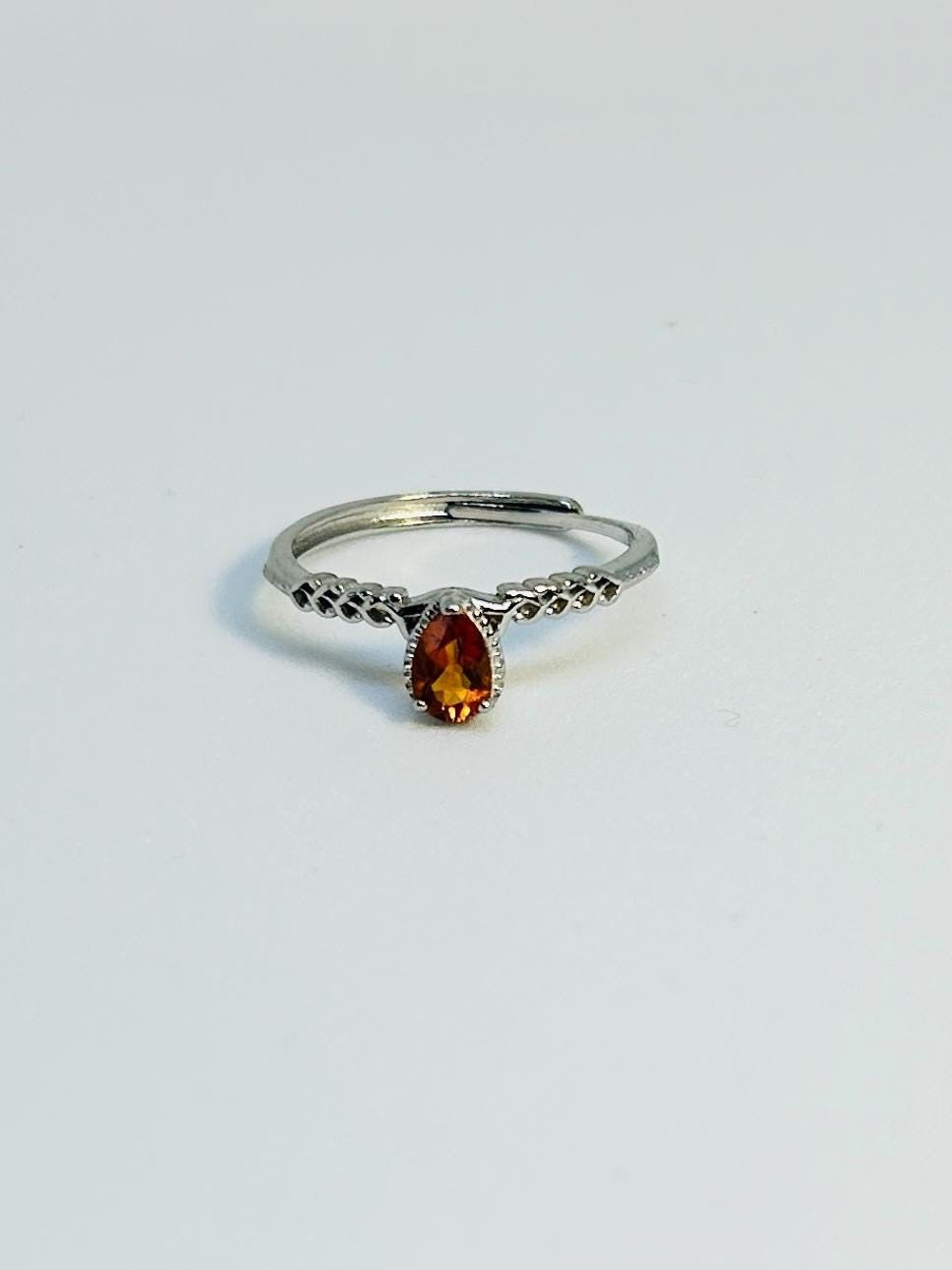 Dainty Stacking Ring with Orange Citrine Teardrop Gemstone • 925 Sterling Silver • Adjustable • Gift Box