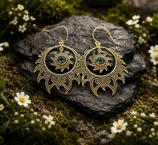 Celestial Sun Goddess Earrings with Blue Topaz Gemstones • 925 Sterling Silver • Gift Box