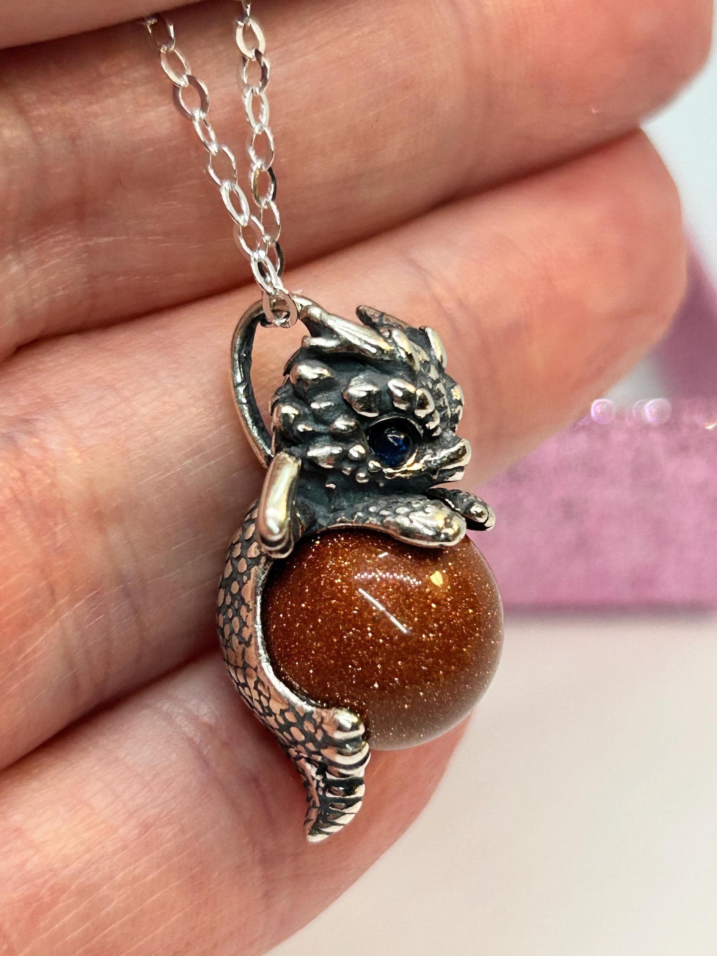 Baby Dragon Pendant with Red Goldstone • 925 Sterling Silver • Gift box