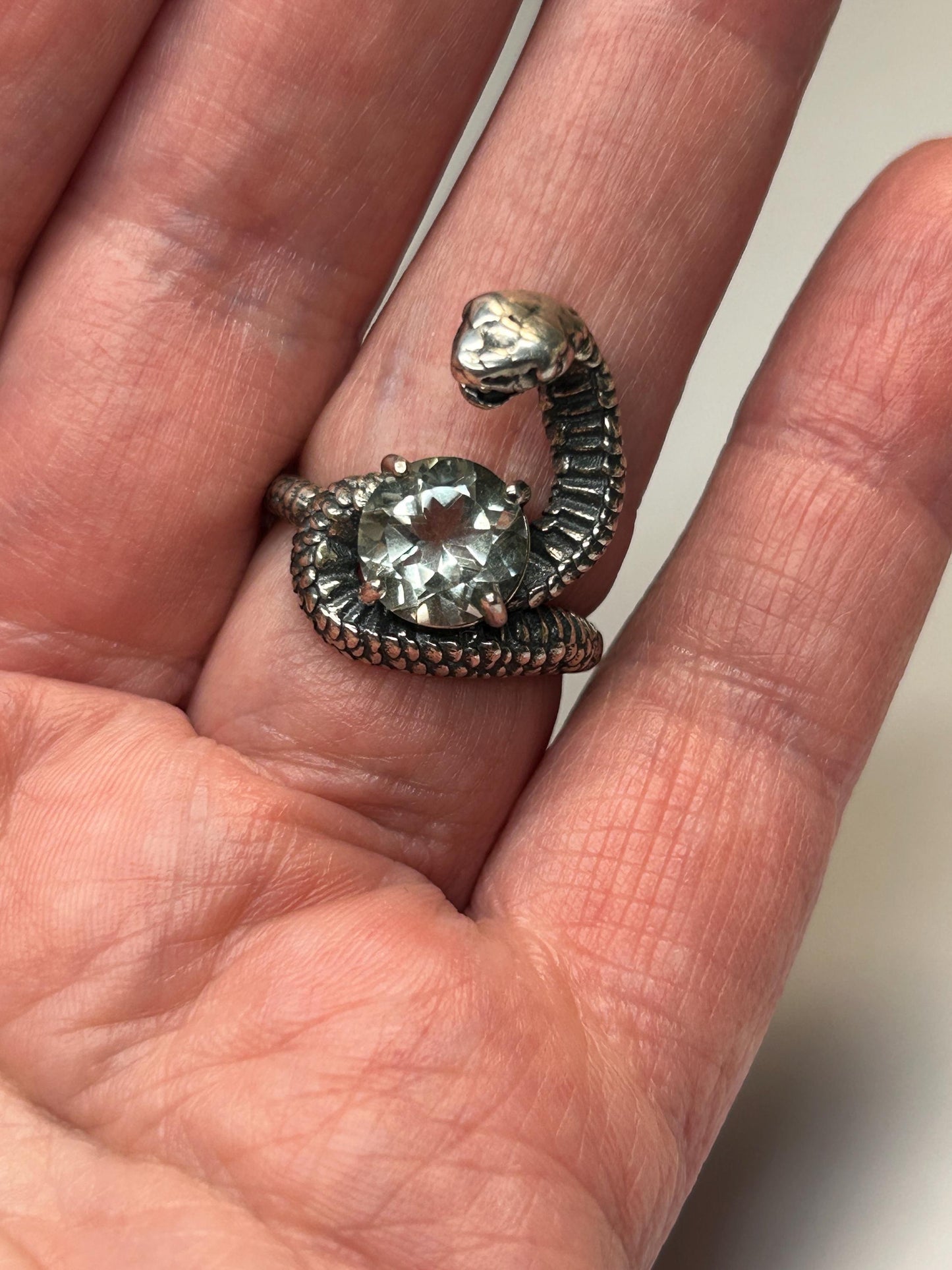 925 Silver Snake Ring with Green Quartz - Adjustable Serpent Jewellery - Gift Boxed