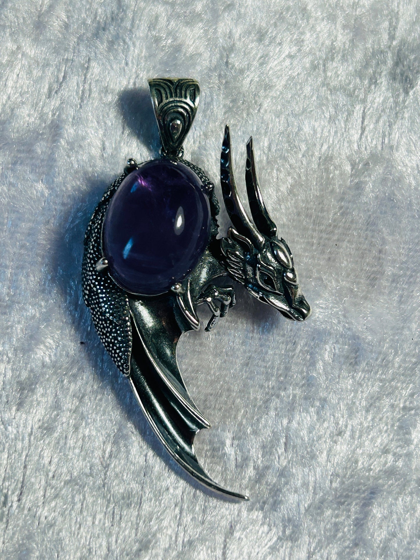 925 Sterling Silver Dragon Pendant: Amethyst Cabochon, Black Spinel Eyes