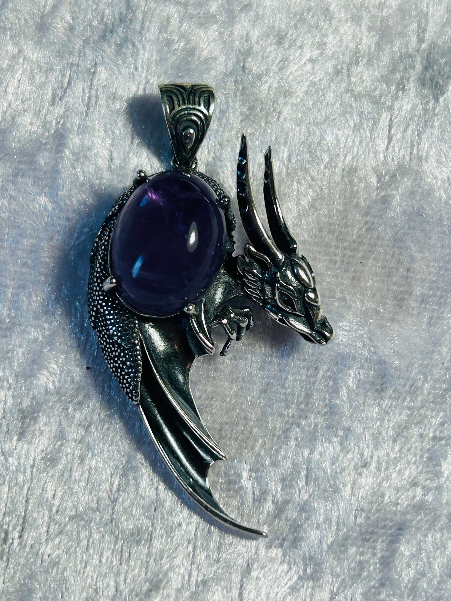 Large Dragon Pendant with Amethyst Gemstone • 925 Sterling Silver • Black Spinel Eyes • Gift box