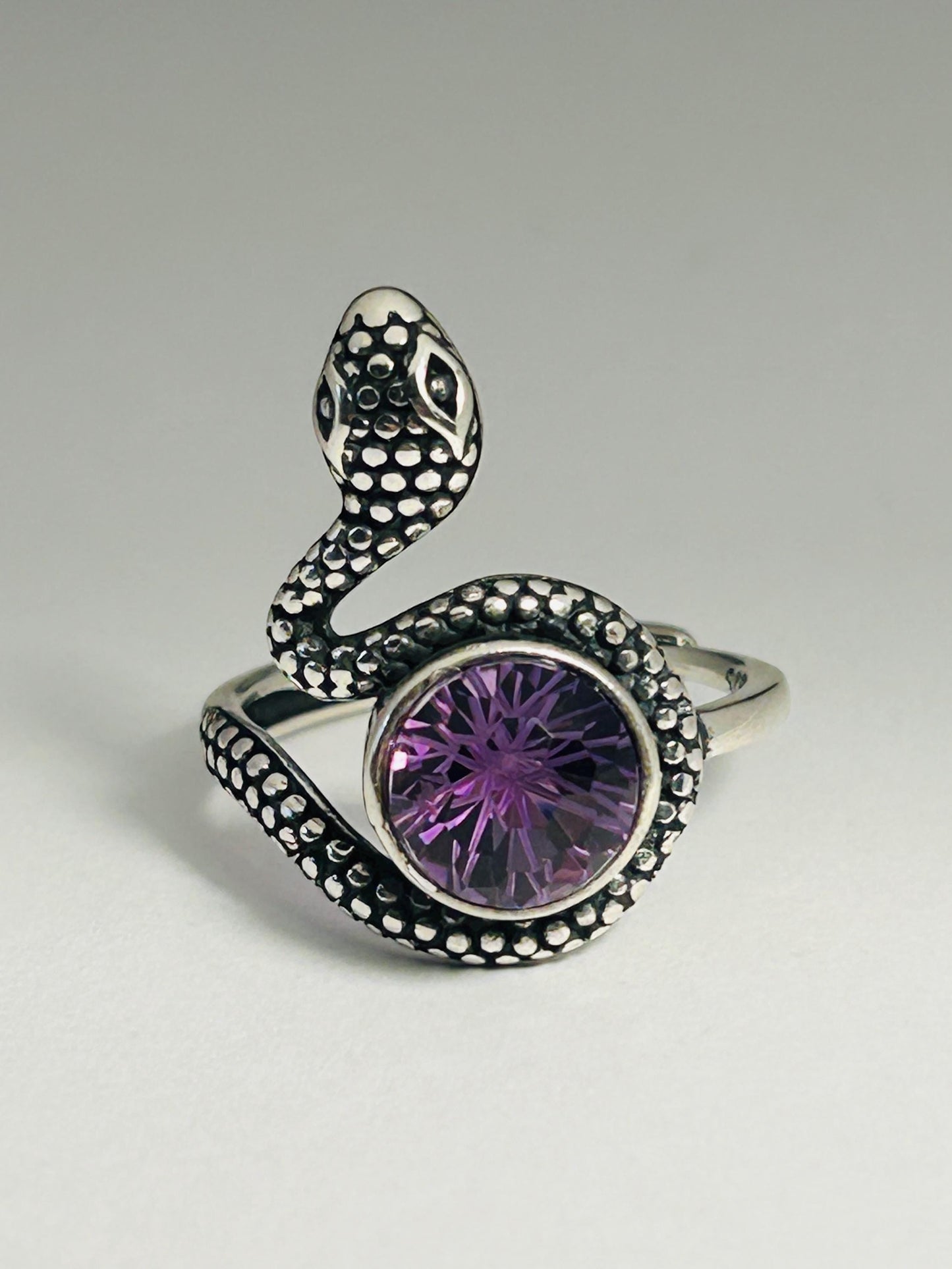 Snake Ring with Faceted Amethyst Gemstone • 925 Sterling Silver • Adjustable • Gift Box