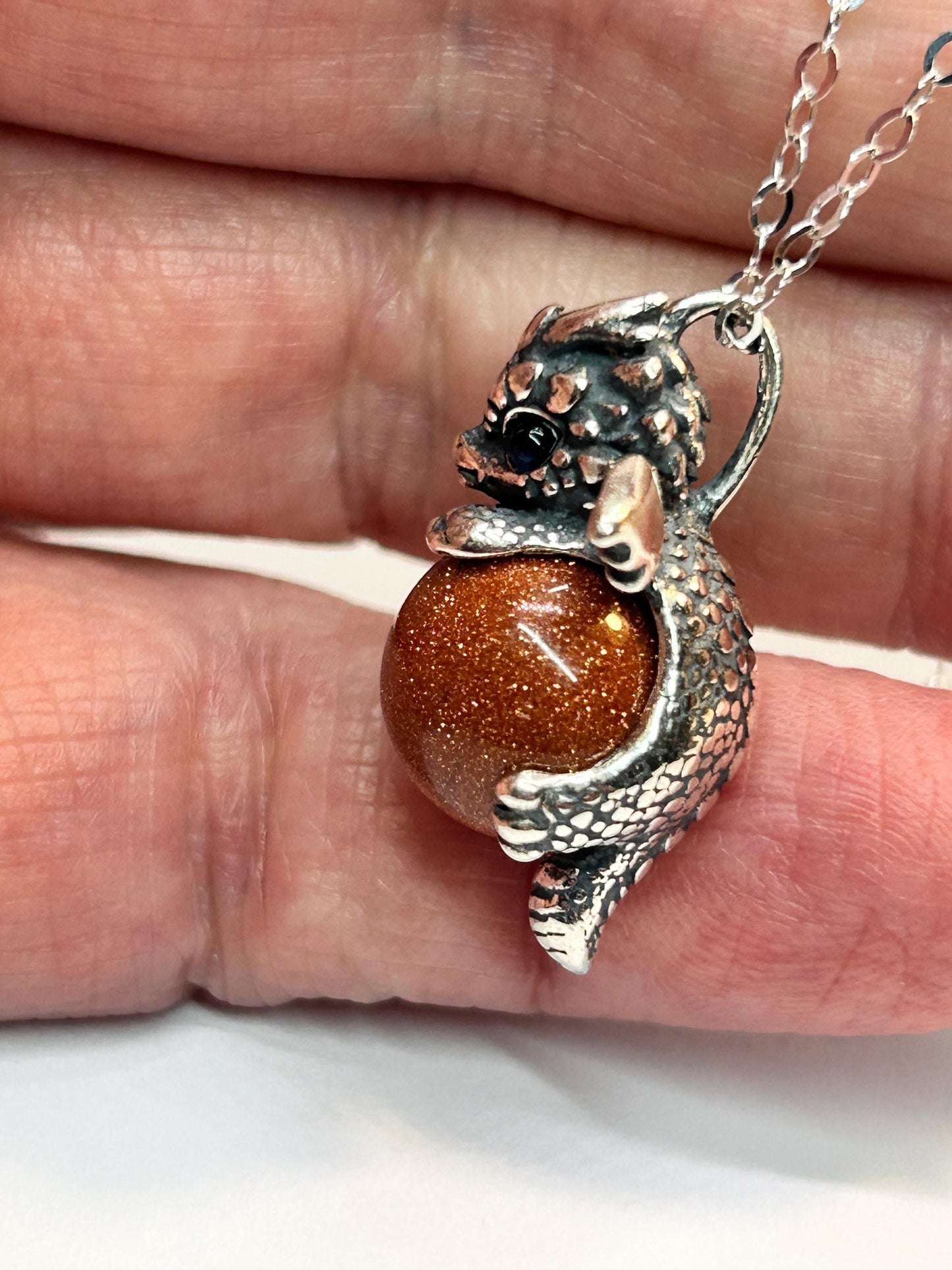 Baby Dragon Pendant with Red Goldstone • 925 Sterling Silver • Gift box