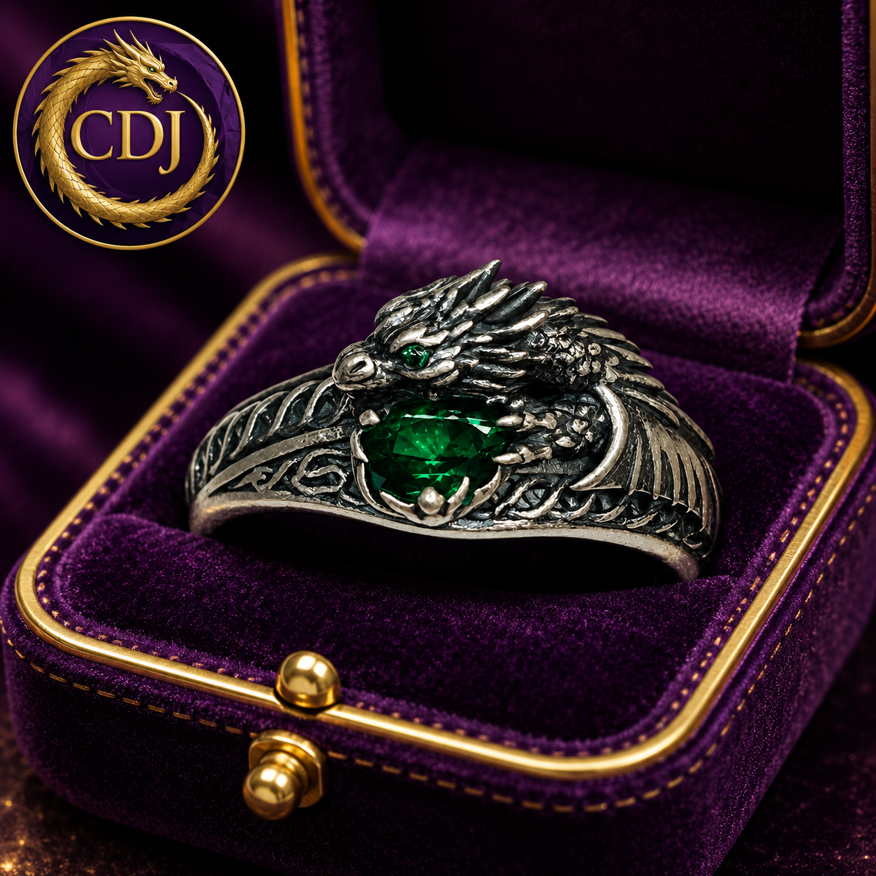 Celtic Dragon Ring with Emerald Green CZ • 925 Sterling Silver with Gift Box
