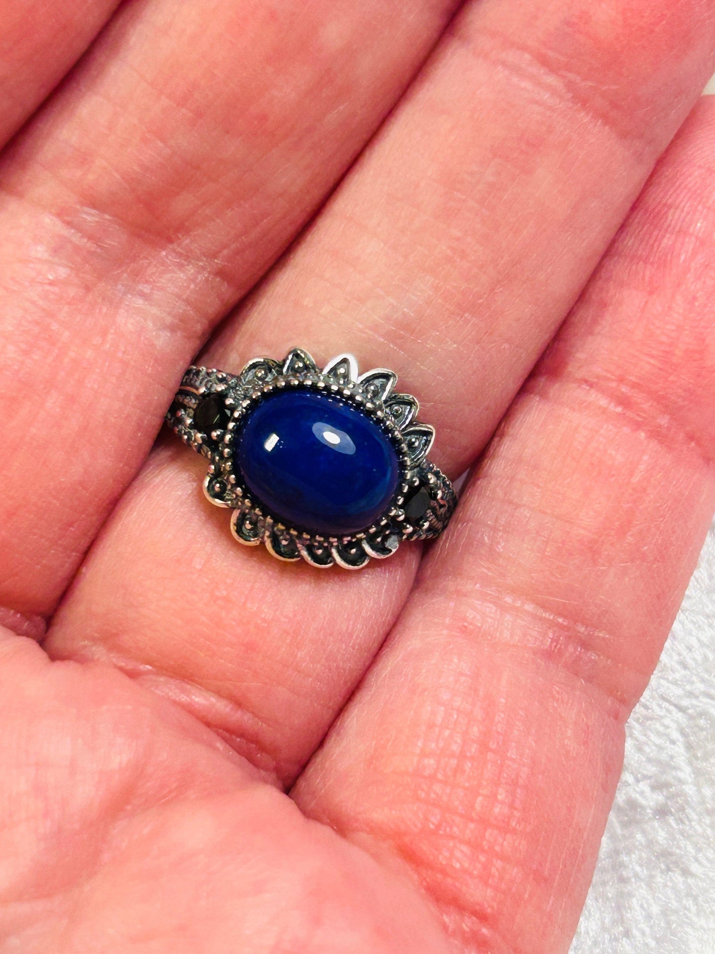Unisex Lapis Lazuli Ring with Black Spinel Gemstone Accents • 925 Sterling Silver • Adjustable • Gift Box