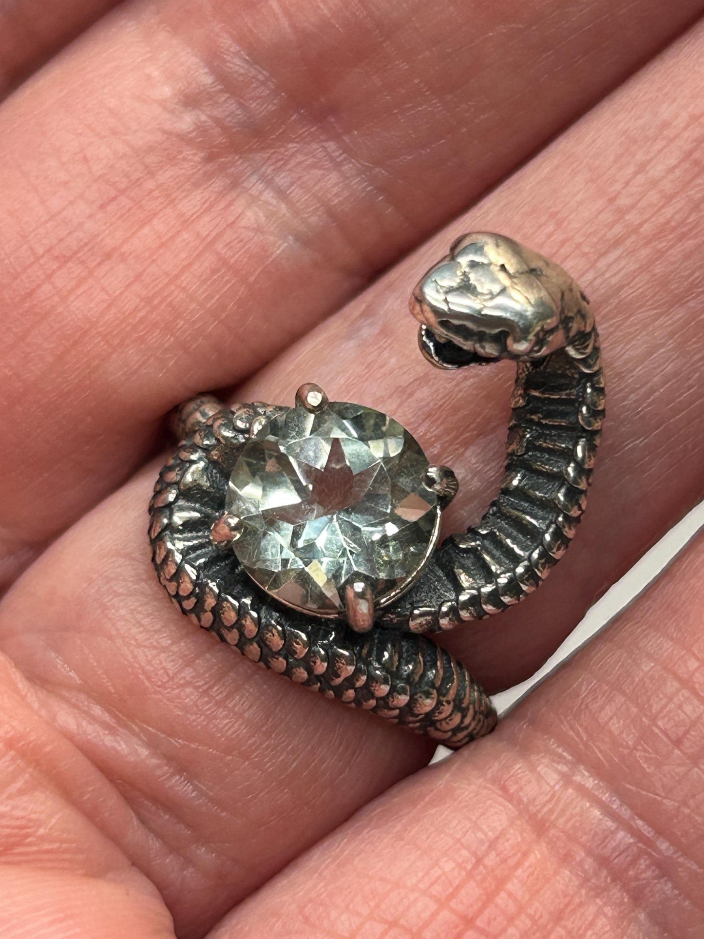 925 Silver Snake Ring with Green Quartz - Adjustable Serpent Jewellery - Gift Boxed