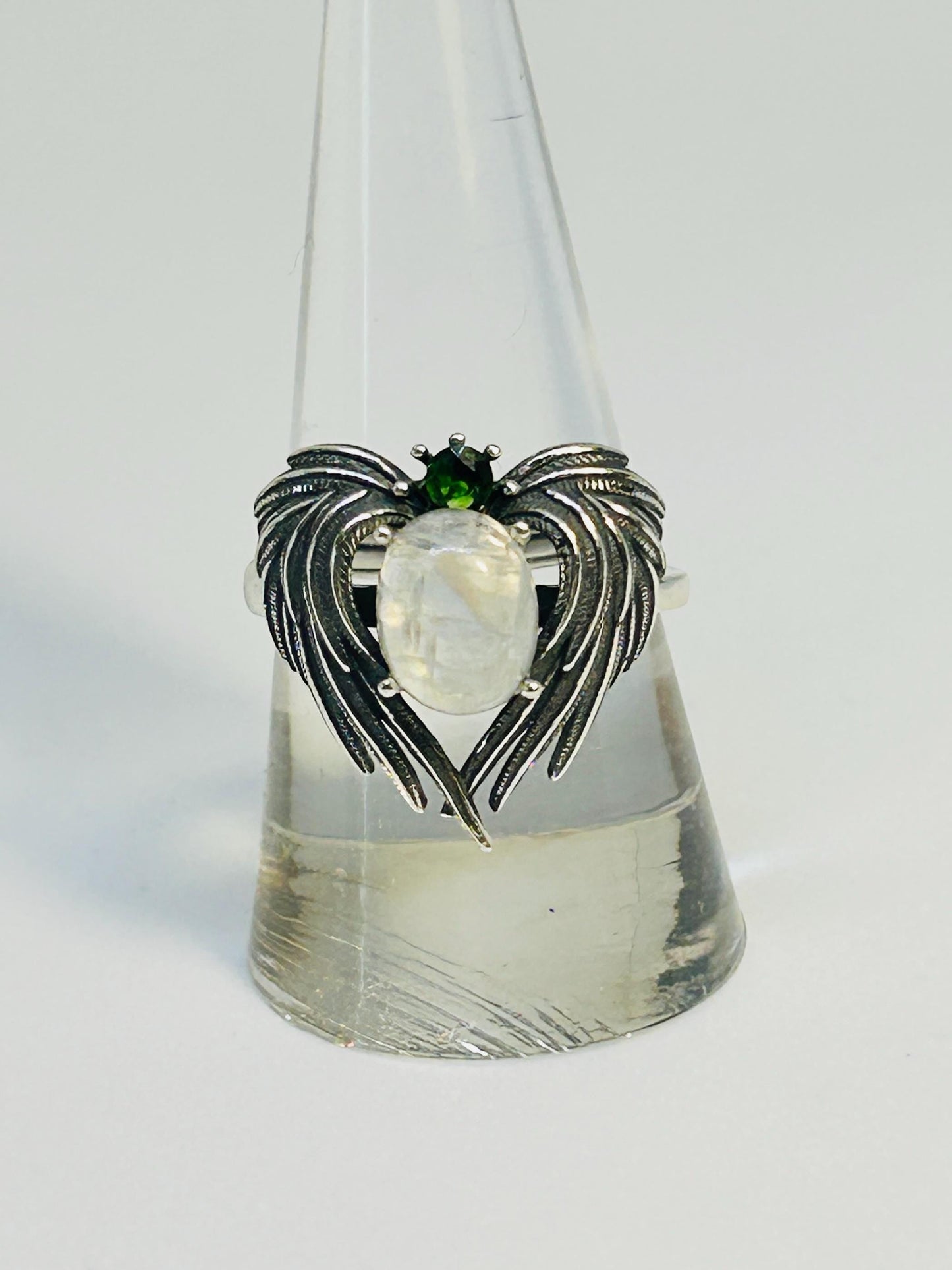 Angel Wings Ring with Labradorite & Diopside • 925 Sterling Silver • Adjustable • Gift Box