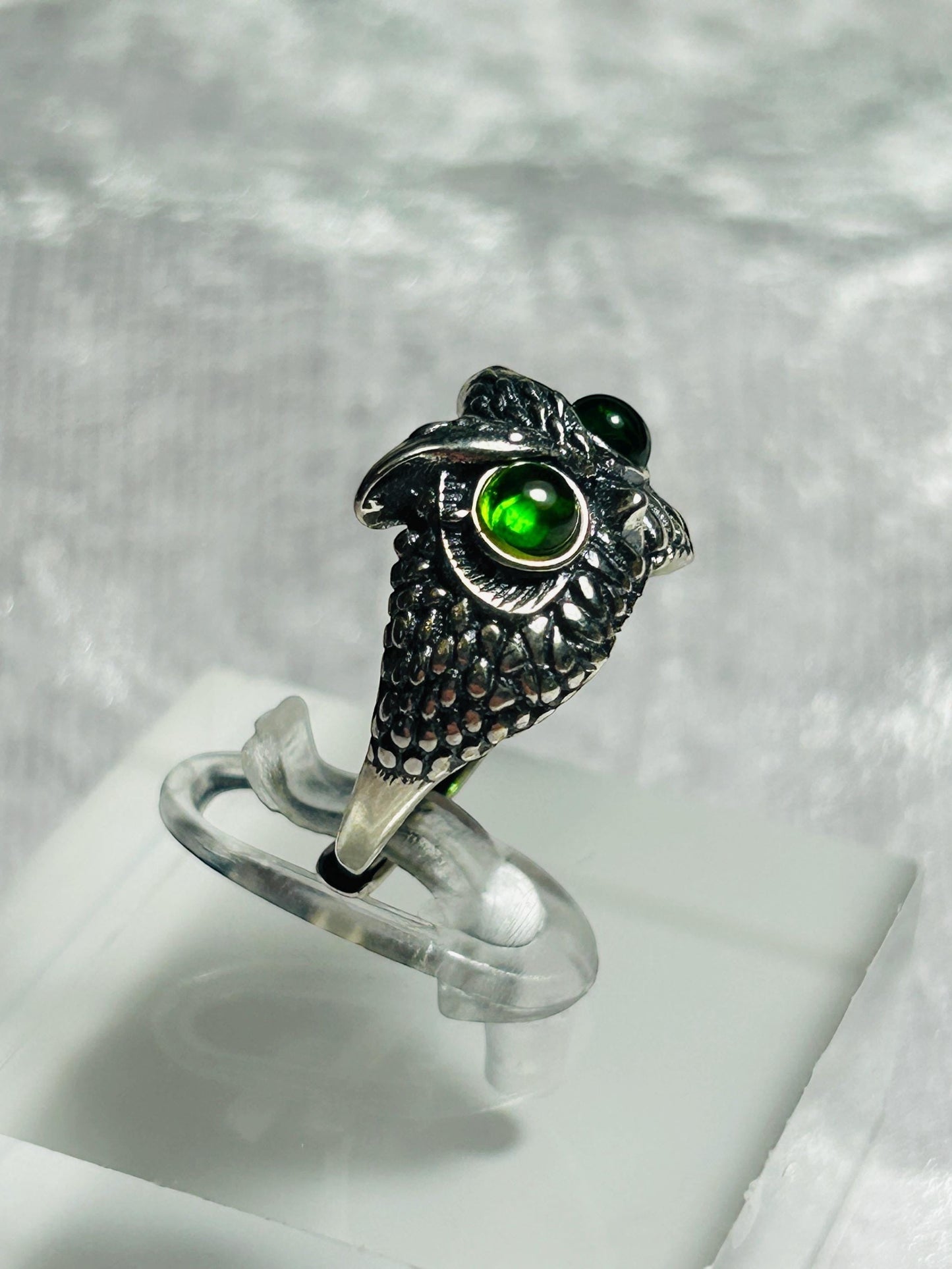 Chunky Owl Ring with Green Diopside Gemstones • 925 Sterling Silver • Adjustable • Gift Box