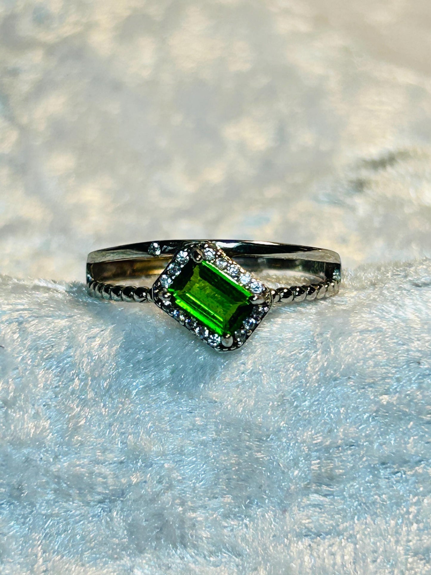 Chrome Diopside Ring with CZ Accents • 925 Sterling Silver • Adjustable • Gift Box