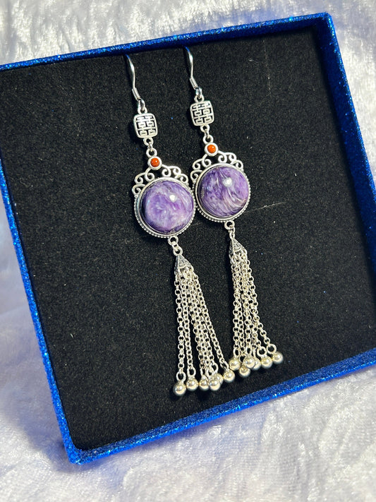 925 Silver Charoite Dangle Earrings with Chain Tassels