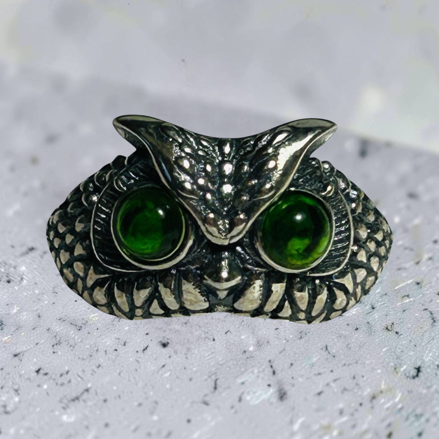 Chunky Owl Ring with Green Diopside Gemstones • 925 Sterling Silver • Adjustable • Gift Box