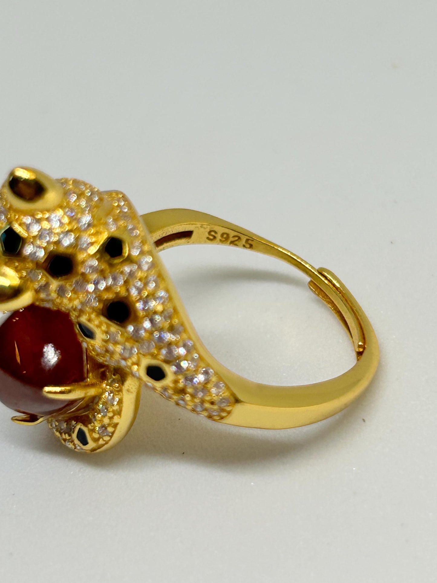 Gold Plated Silver Leopard Ring with Orange Garnet Gemstone • 925 Sterling Silver • Adjustable • Gift Box