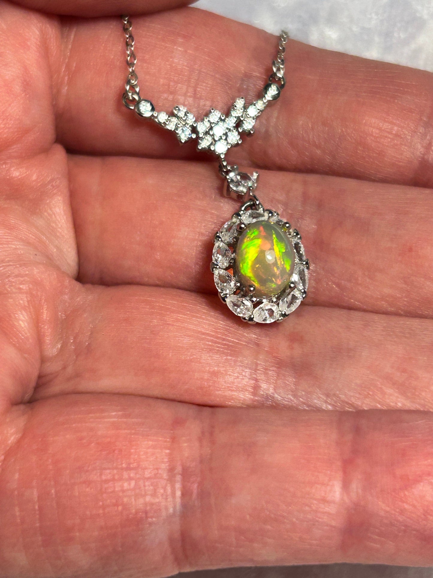 Opal Necklace with CZ Accents • 925 Sterling Silver • Gift Box
