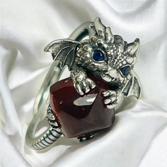 Sterling Silver Garnet Dragon Ring: Adjustable Size Q, Gift Boxed