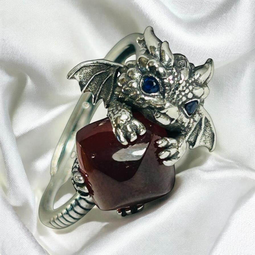 Baby Dragon Ring with Garnet Gemstone • 925 Sterling Silver • Adjustable • Gift box