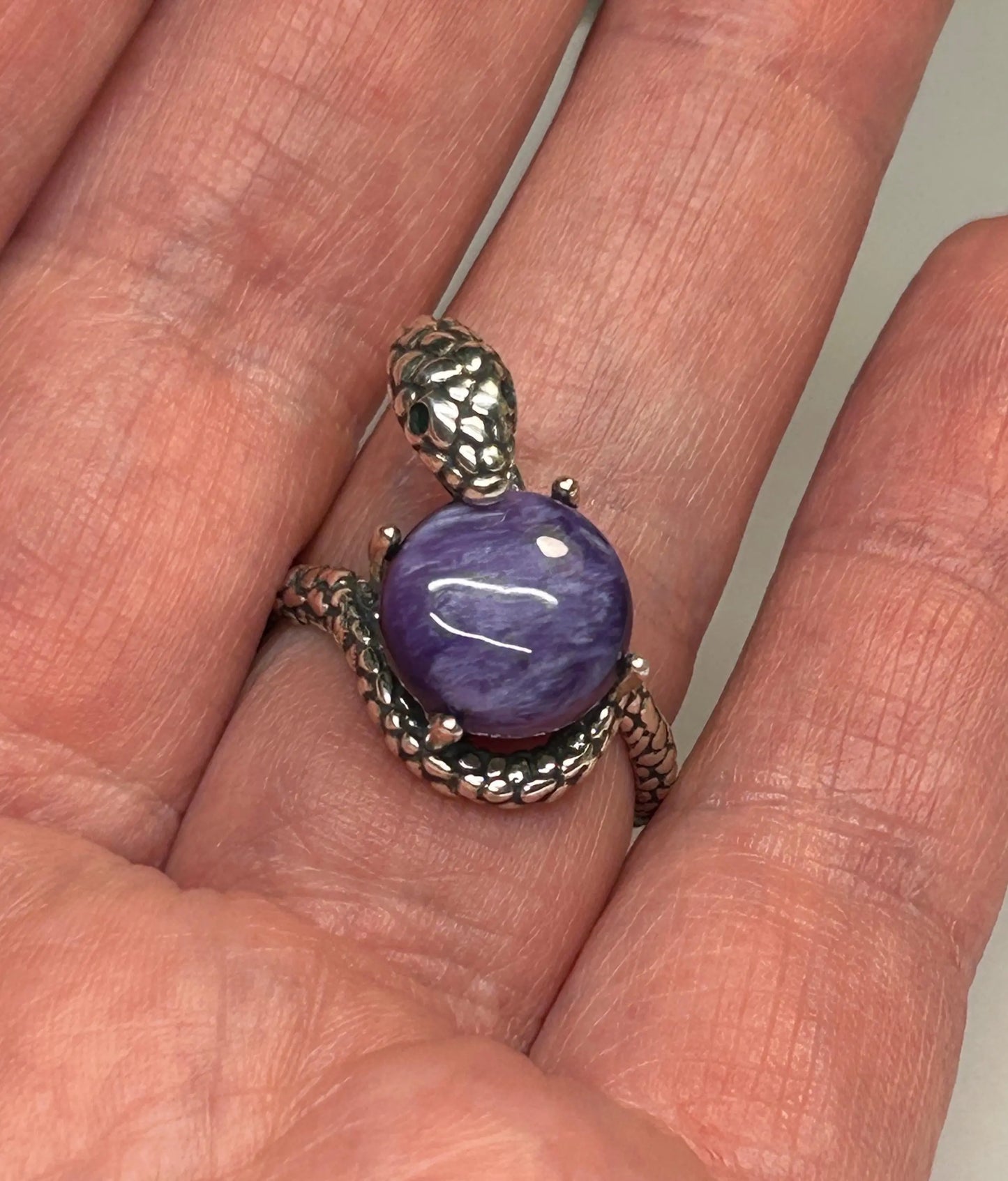 925 Silver Snake Ring with Charoite - Adjustable Serpent Jewellery with CZ Eyes - Gift Boxed Celtic Dragon Jewellery