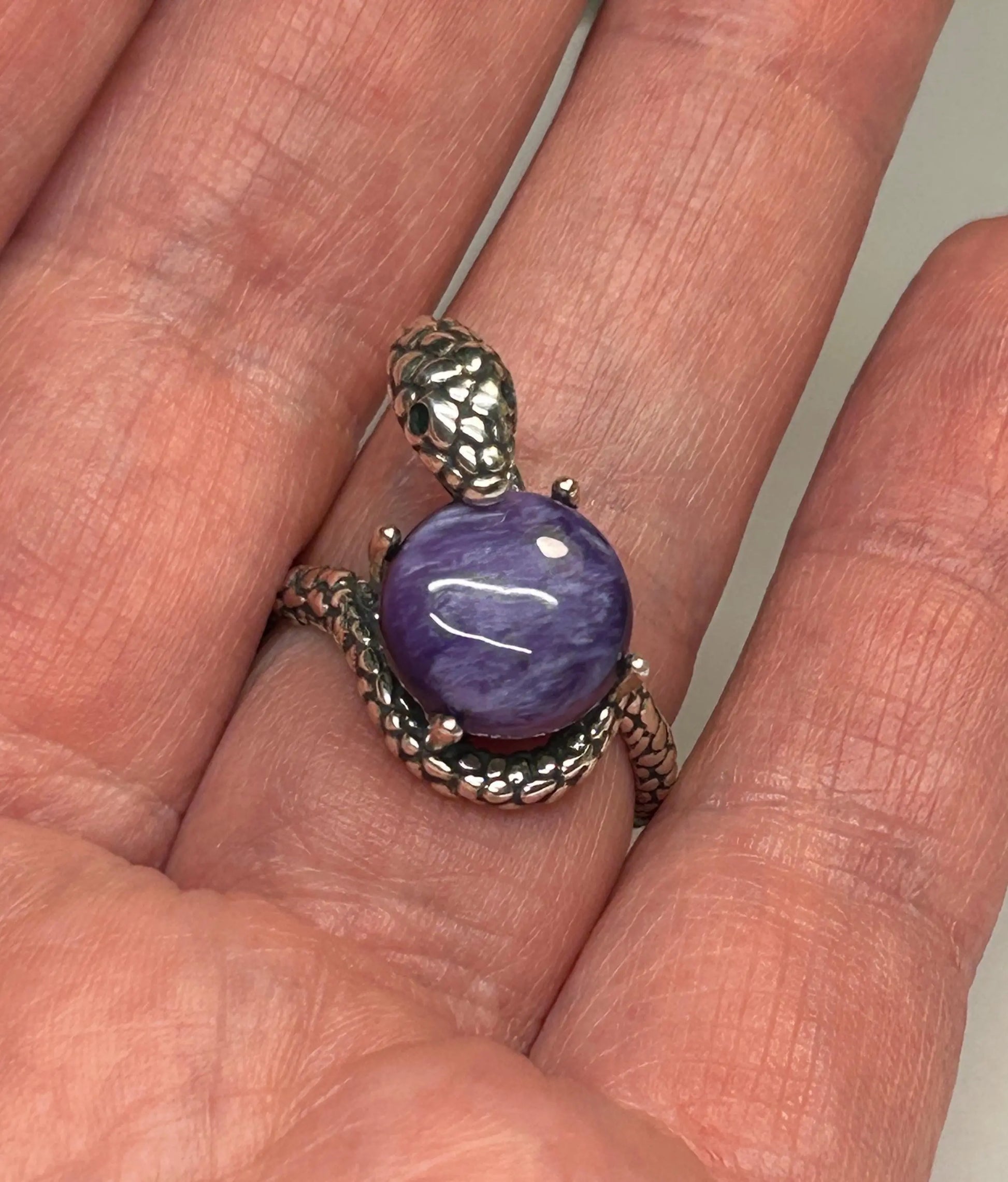 925 Silver Snake Ring with Charoite - Adjustable Serpent Jewellery with CZ Eyes - Gift Boxed Celtic Dragon Jewellery