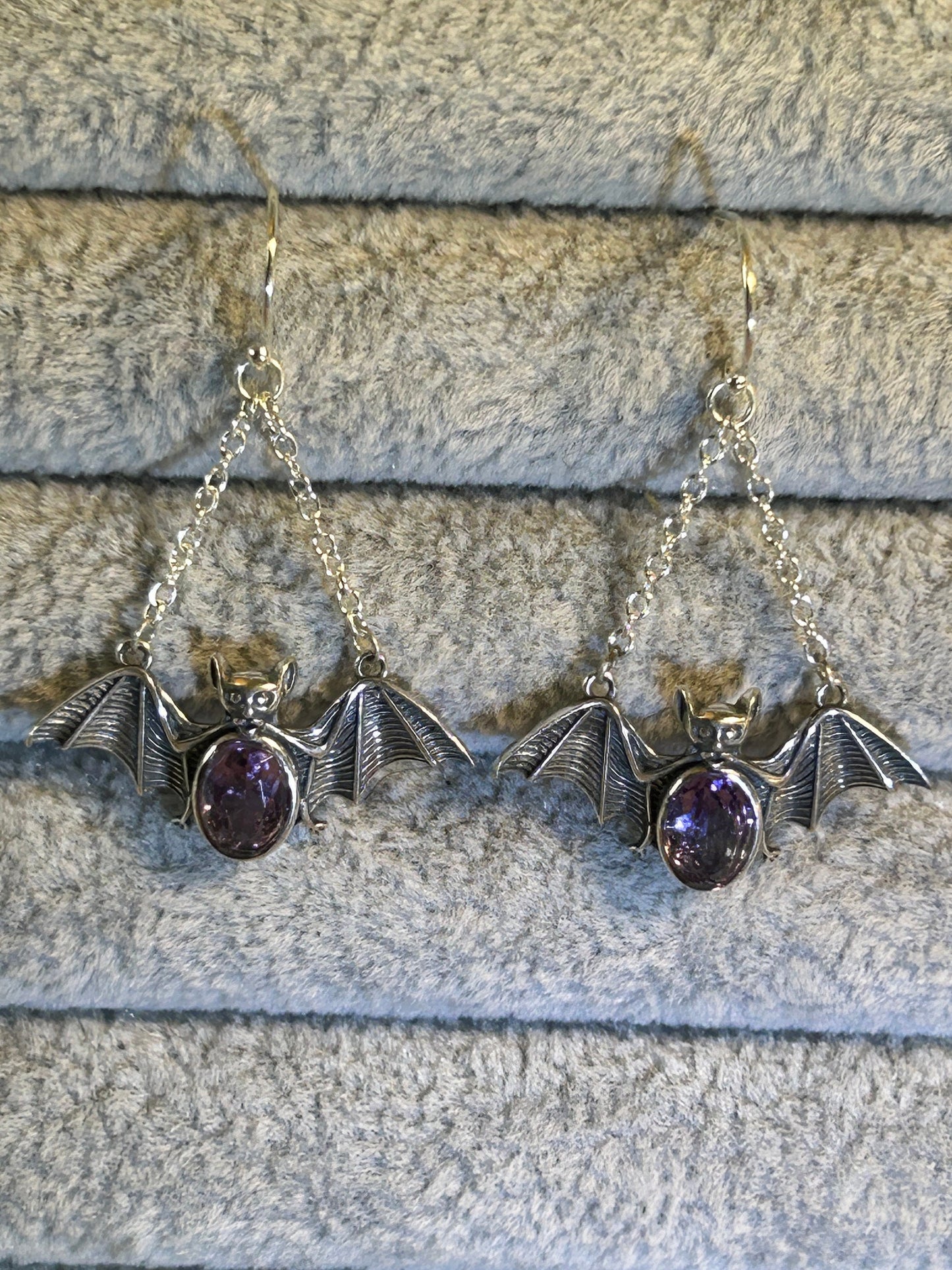 Pair Bat Earrings With Faceted Amethyst Gemstone - 925 Silver Dangle Earrings - Giftboxed