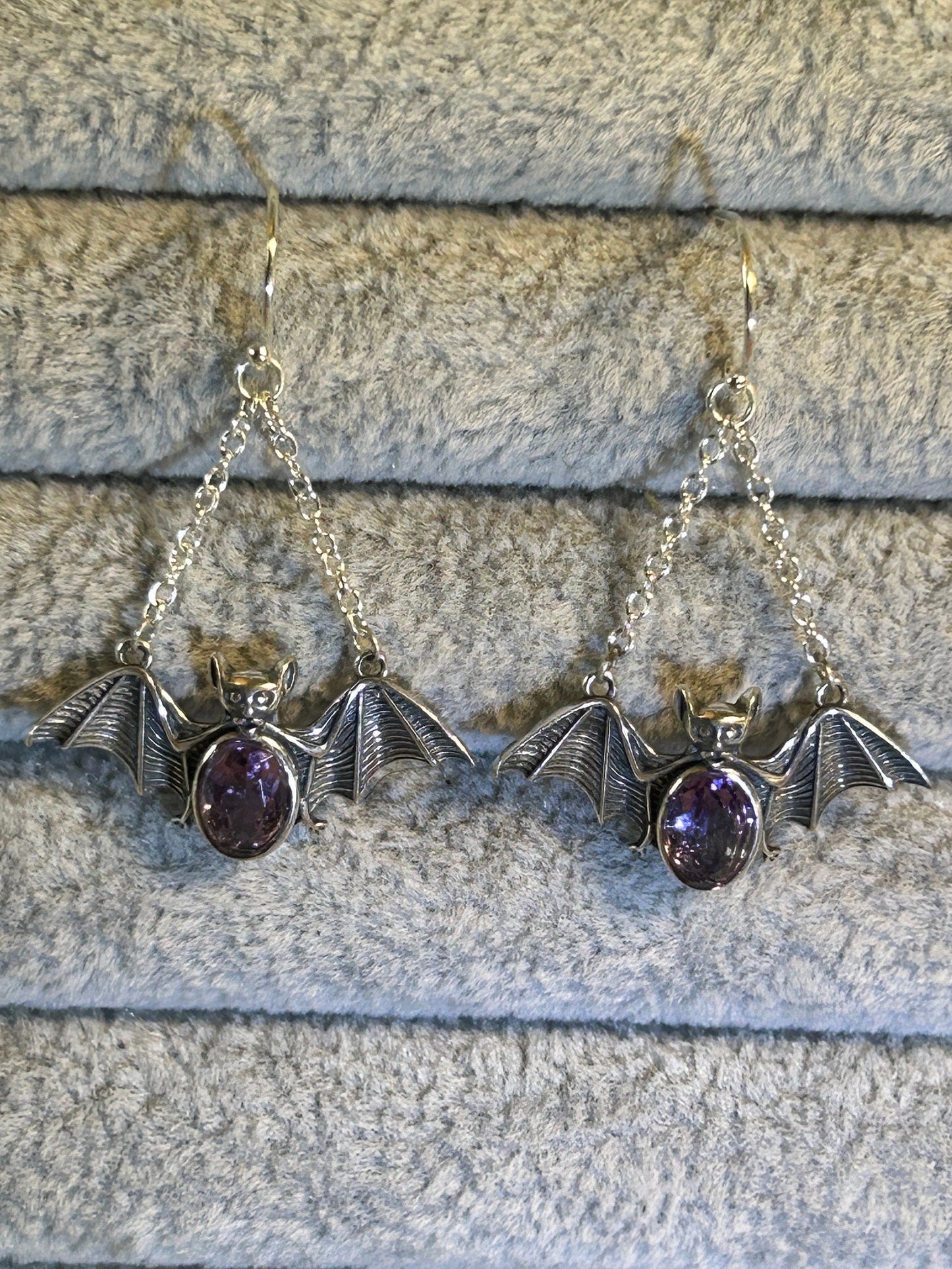 Bat Dropper Earrings with Amethyst Gemstone • 925 Sterling Silver • Gift box
