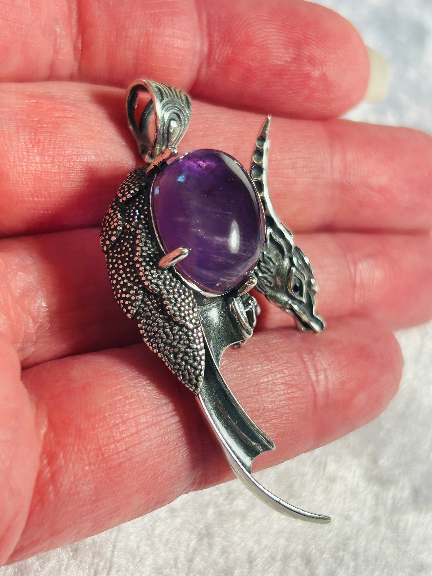 925 Sterling Silver Dragon Pendant: Amethyst Cabochon, Black Spinel Eyes
