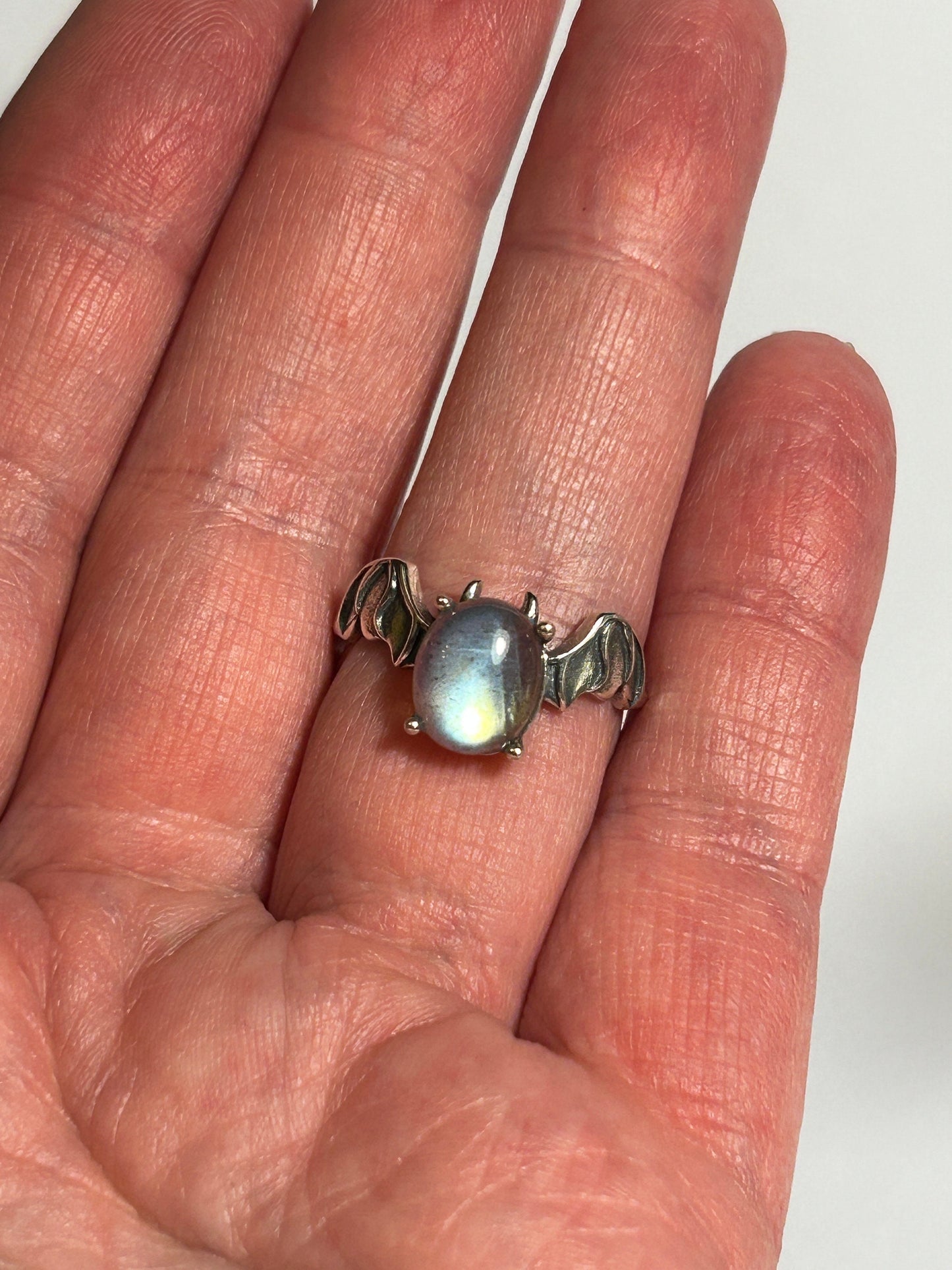 Labradorite Bat Ring: Adjustable 925 Sterling Silver Gemstone - Halloween Theme