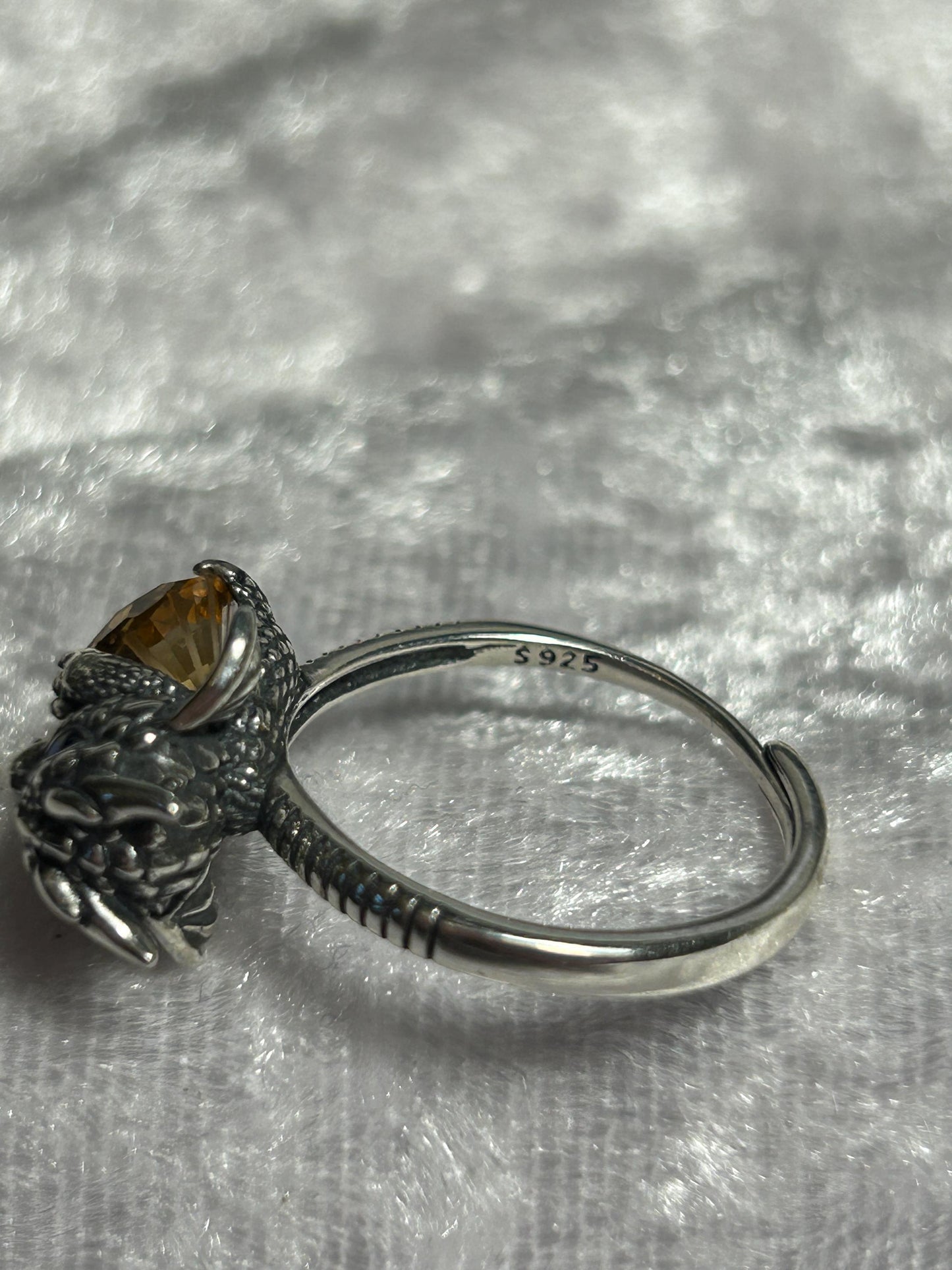 Baby Dragon 925 Silver Ring: Citrine Gemstone, Sapphire Eyes, Adjustable