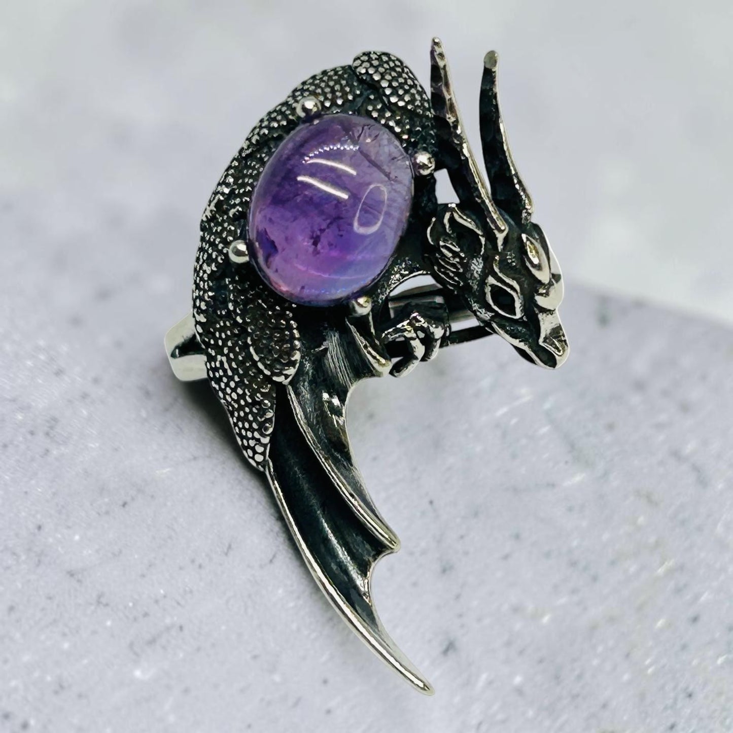 Dragon Ring with Amethyst • 925 Sterling Silver • Goth Witch Jewellery • Adjustable • Gift Box