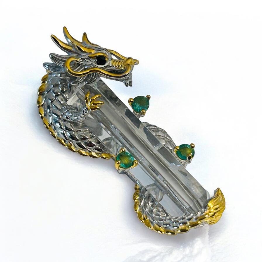 Sterling Silver Dragon Pendant | 925 Necklace | Clear Quartz Crystal Point Jewellery | Gift Boxed