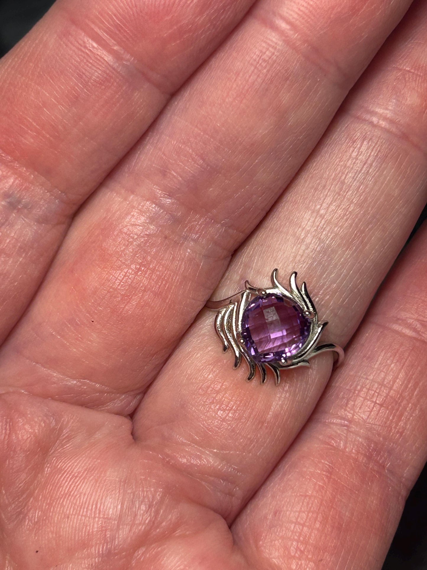 Faceted Amethyst Ring • 925 Sterling Silver • Adjustable • Gift box