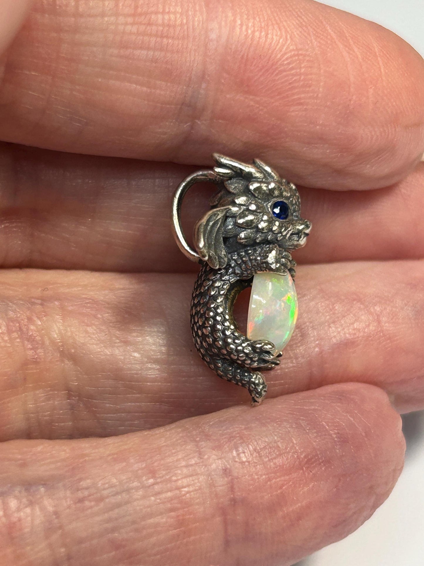 Baby Dragon Pendant with Opal Gemstone • 925 Sterling Silver • with Gift box