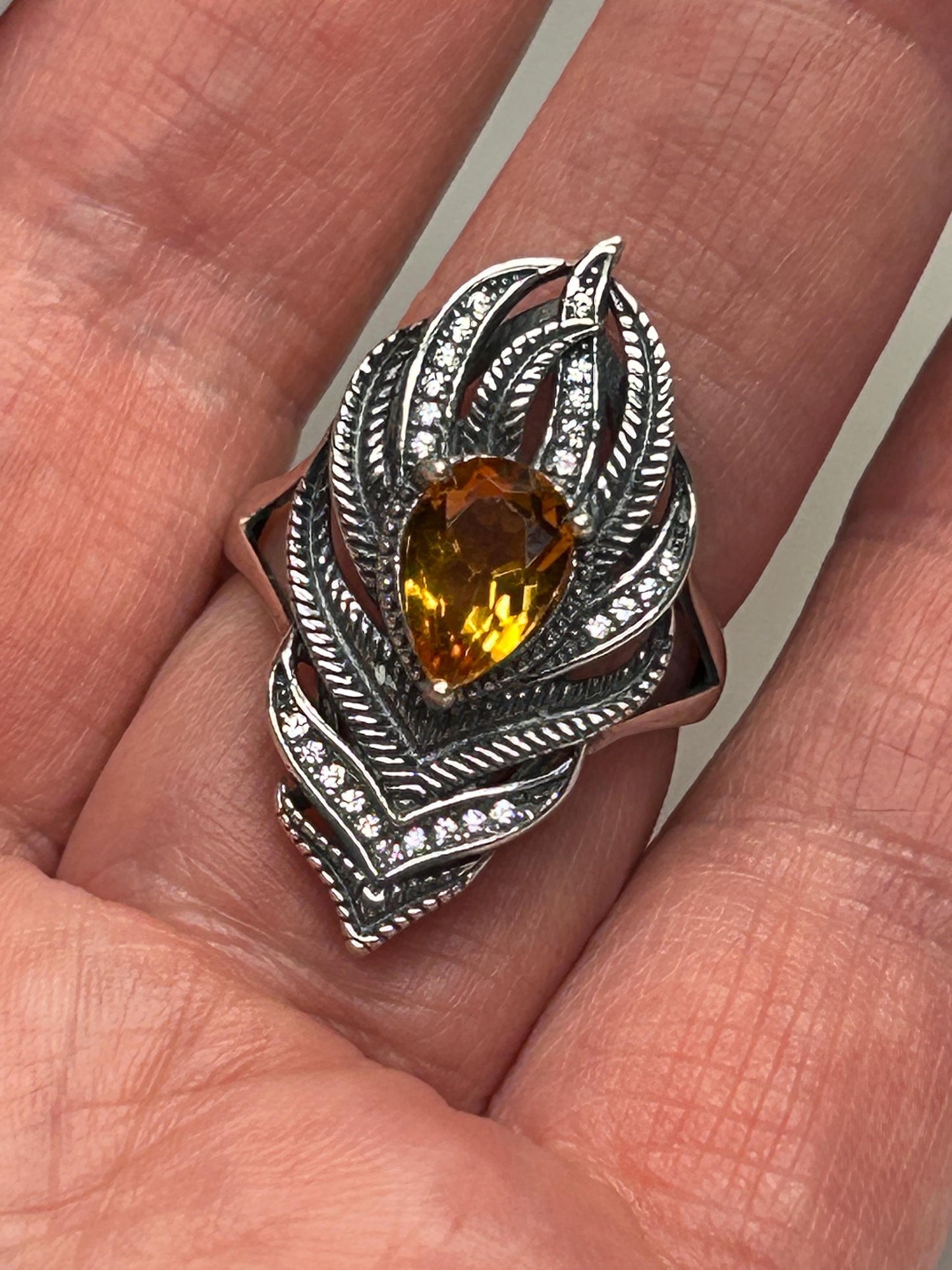 925 Silver Feather Ring • Peacock Feather with Citrine Gemstone • CZ Accents • Adjustable • Giftbox