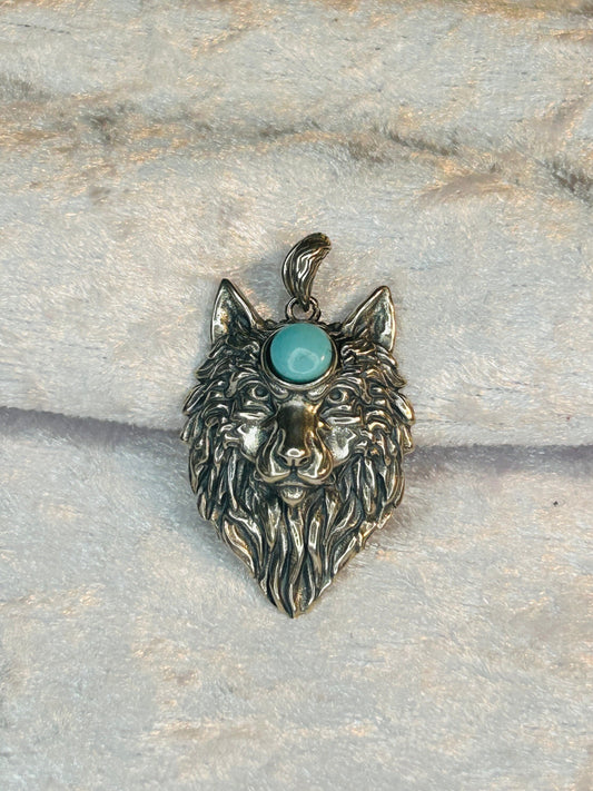925 Silver Wolf Pendant: Turquoise Gemstone Spirit Animal