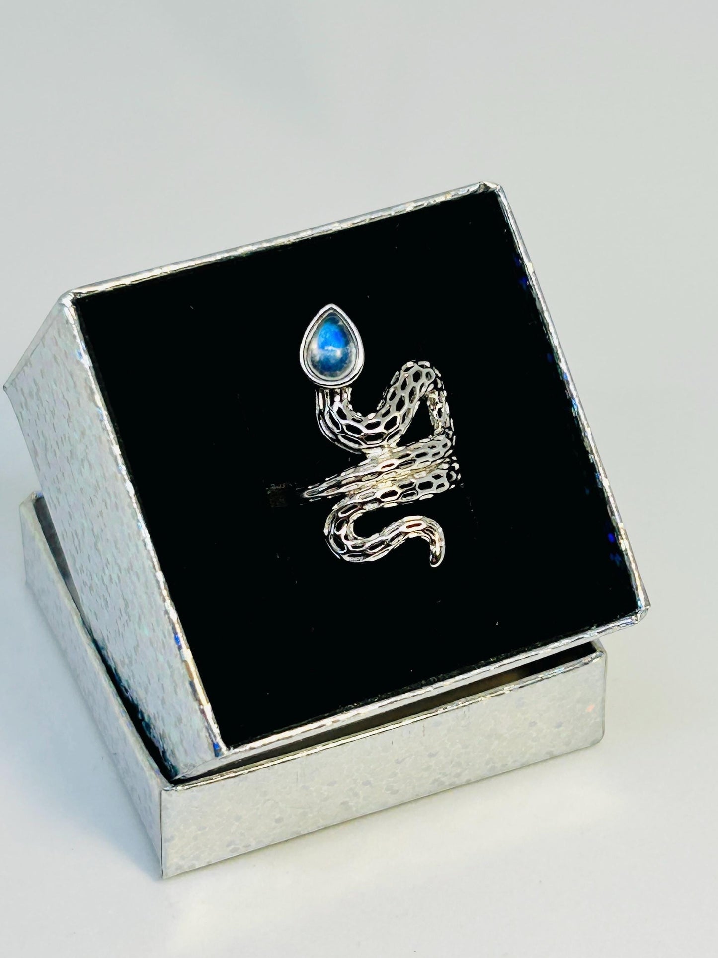 Snake Ring with Moonstone Gemstone • 925 Sterling Silver • Adjustable • Gift Box