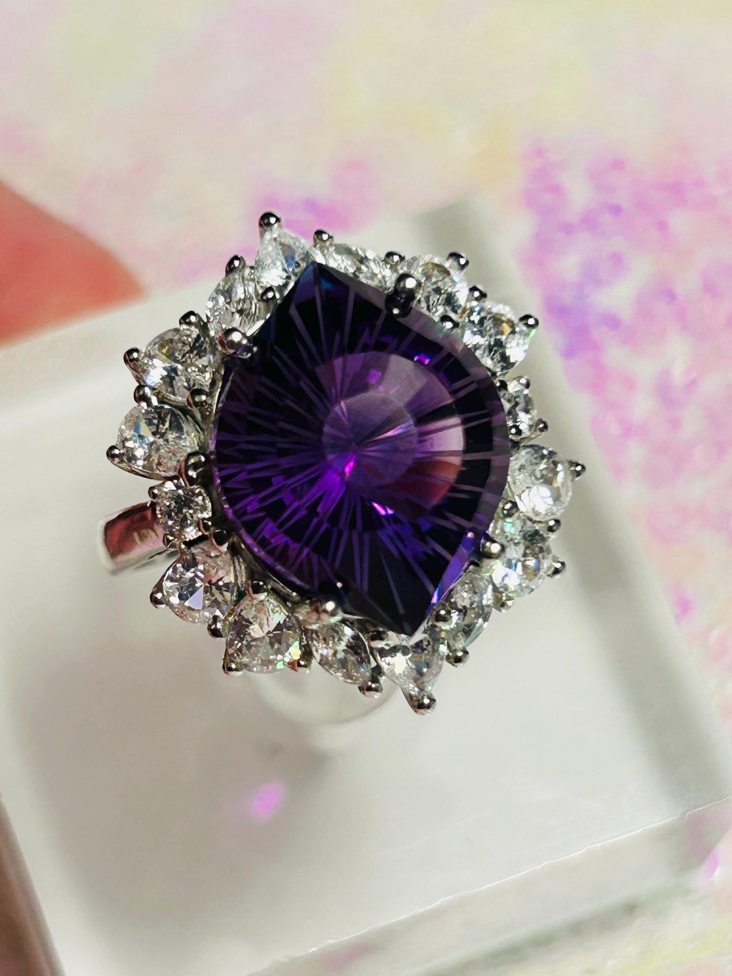 Large Marquise Stone Ring with Faceted Amethyst Gemstone & CZ Halo • 925 Sterling Silver • Adjustable • Gift Box