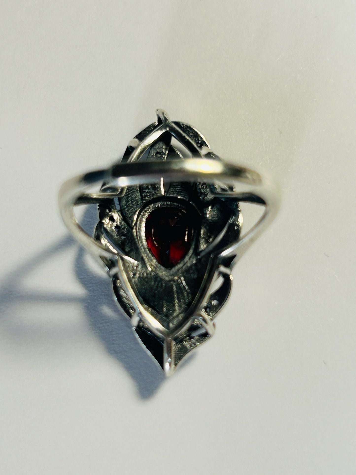 925 Silver Feather Ring • Peacock Feather with Garnet Gemstone • CZ Accents • Adjustable • Giftbox