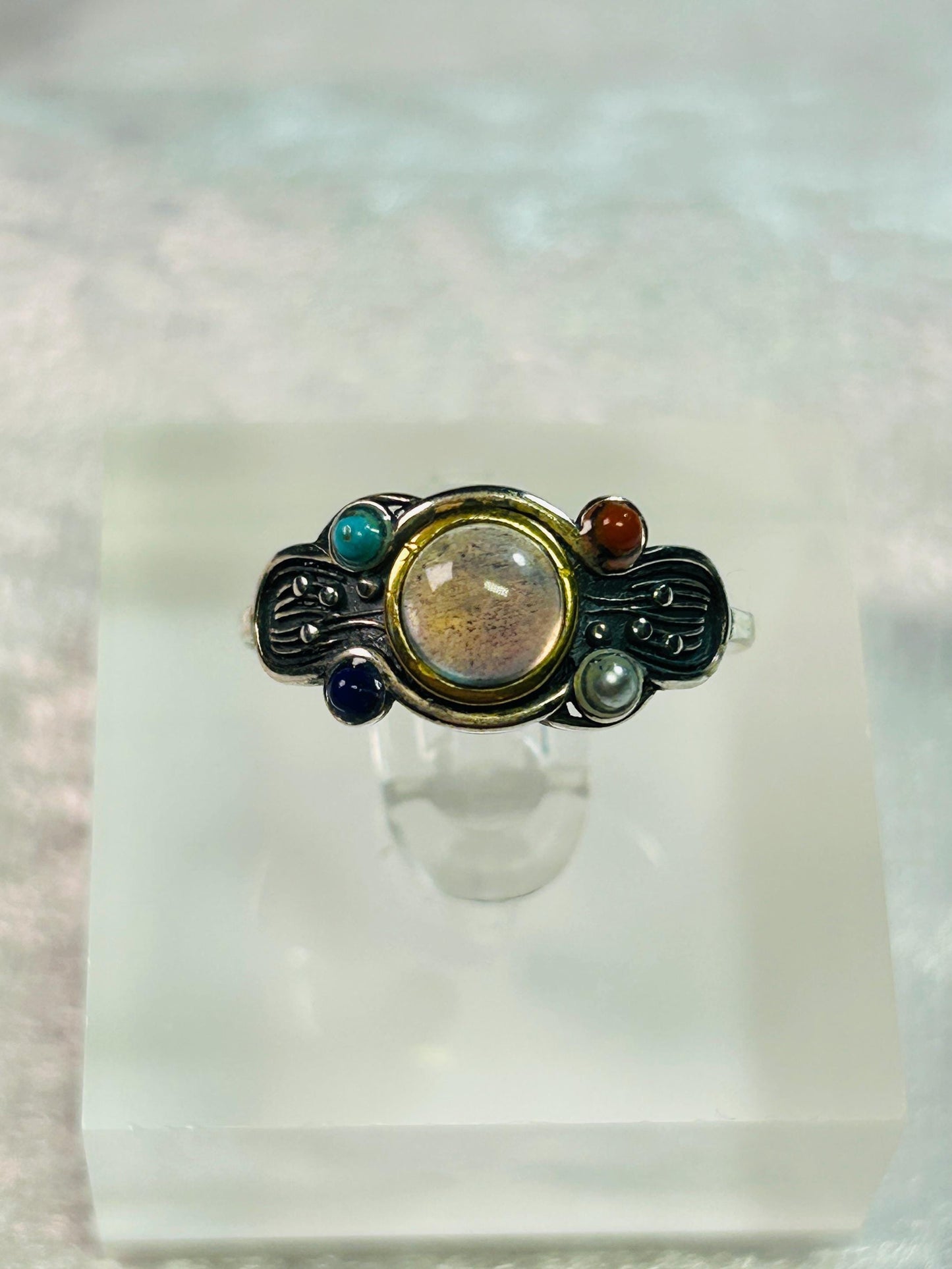 Multi Gemstone Ring with Labradorite, Pearl, Lapis & Coral • 925 Sterling Silver • Adjustable • Gift Box
