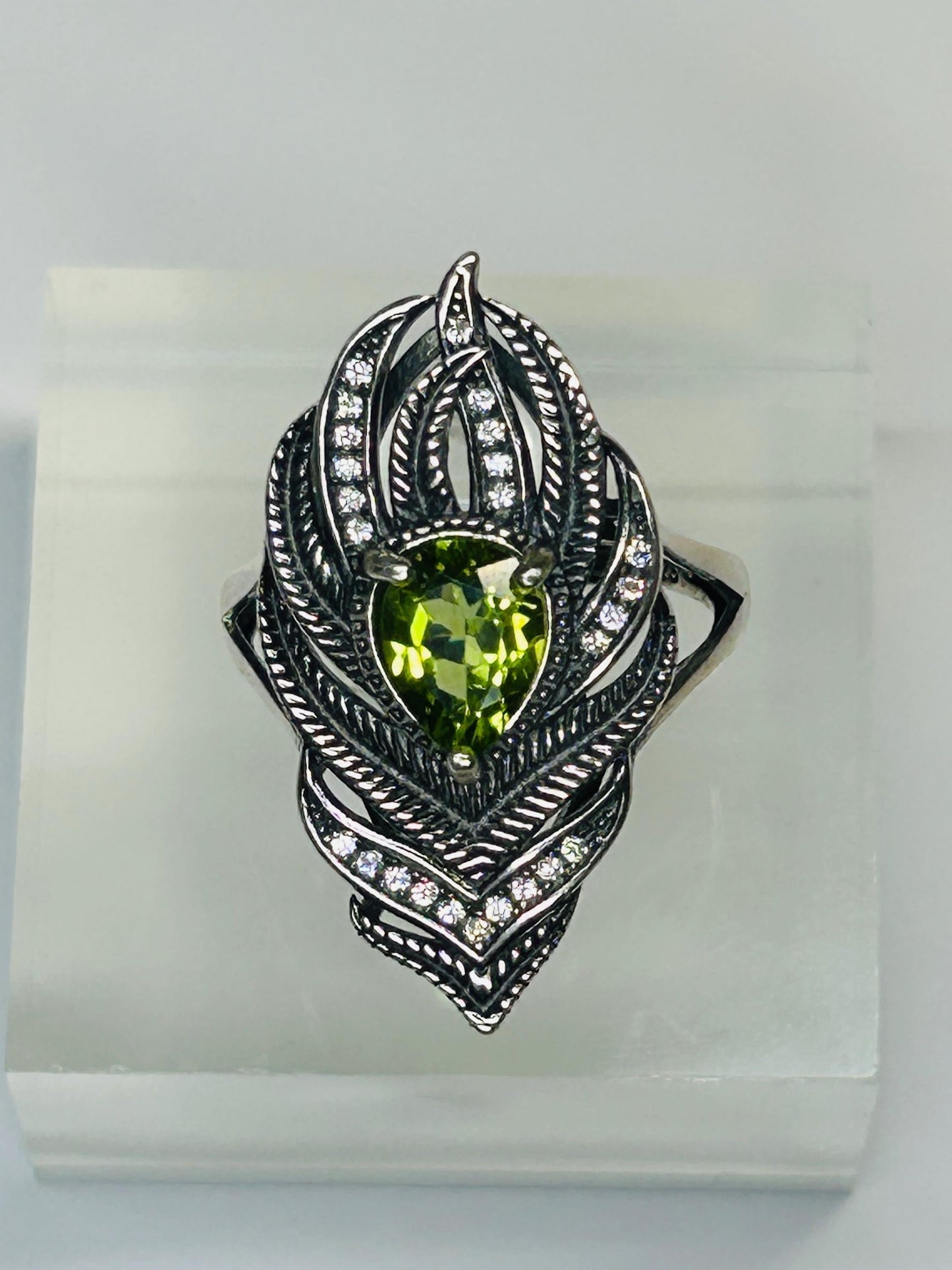 925 Silver Feather Ring • Peacock Feather with Peridot Gemstone • CZ Accents • Adjustable • Giftbox