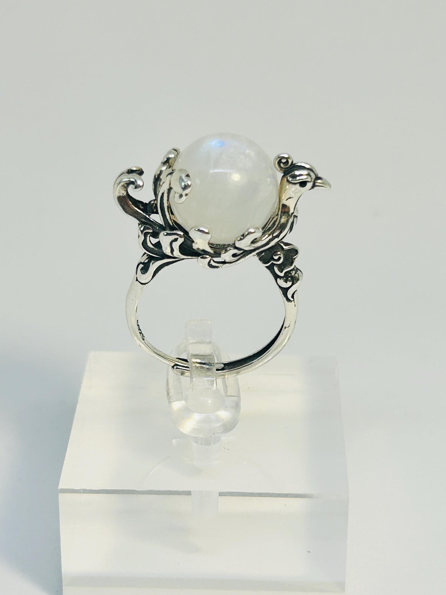 Large Phoenix Ring with Moonstone Sphere Gemstone • 925 Sterling Silver • Adjustable • Gift Box