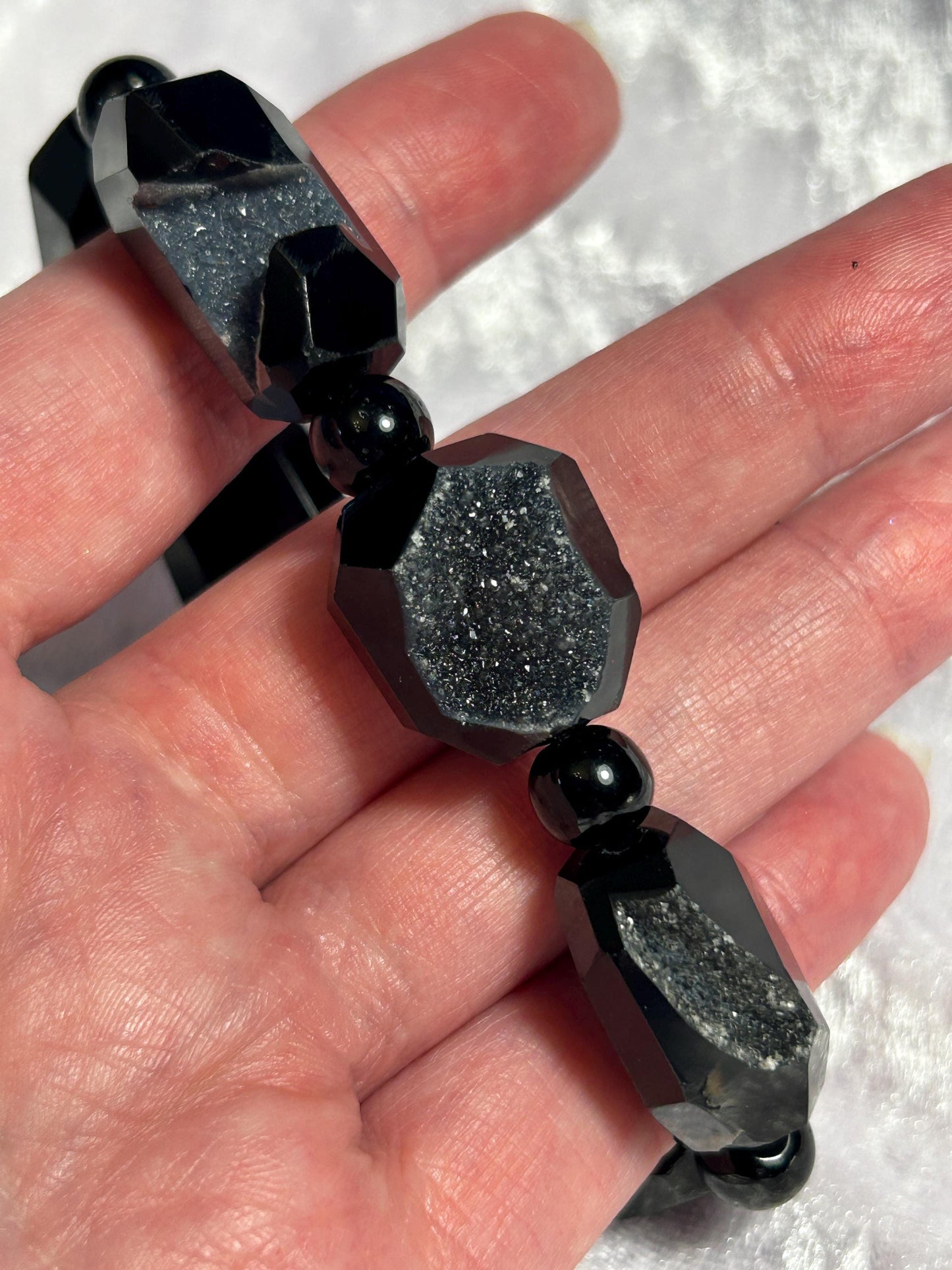 Chunky Black Agate Bracelet: Druzy Gemstone Beaded Jewelry