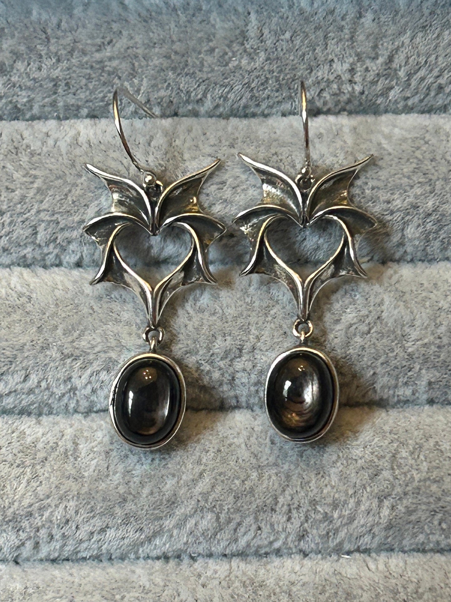 Gothic Bat Wing Dropper Earrings with Hypersthene Gemstone • 925 Sterling Silver • Gift Box