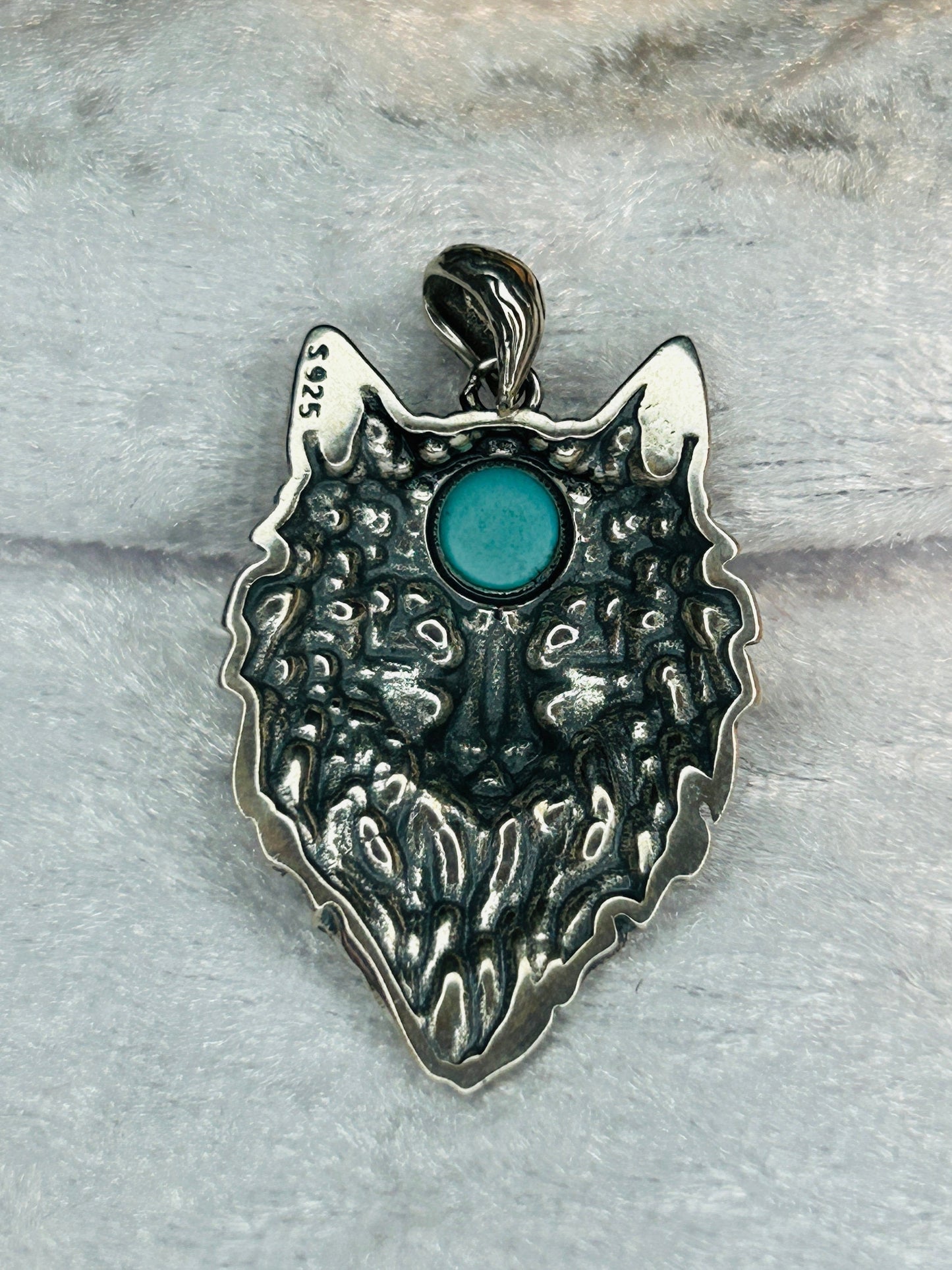Wolf Pendant with Natural Turquoise Gemstone • 925 Sterling Silver • Gift Box