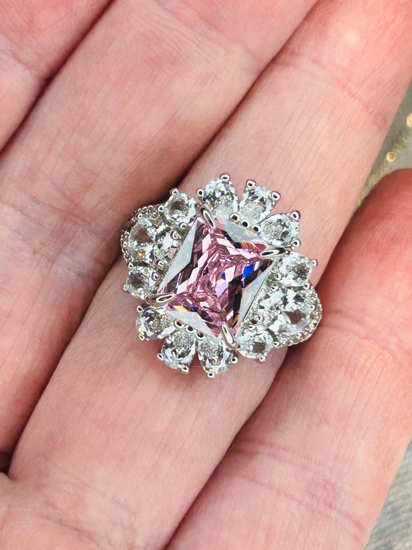 Pink CZ Crystal Jewelry Set: Platinum Plated Necklace, Ring & Earrings