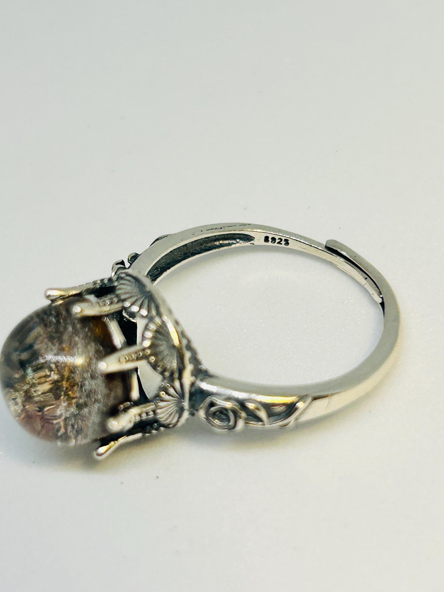 Floral Ring with Garden Quartz Gemstone • 925 Sterling Silver • Adjustable • Gift Box