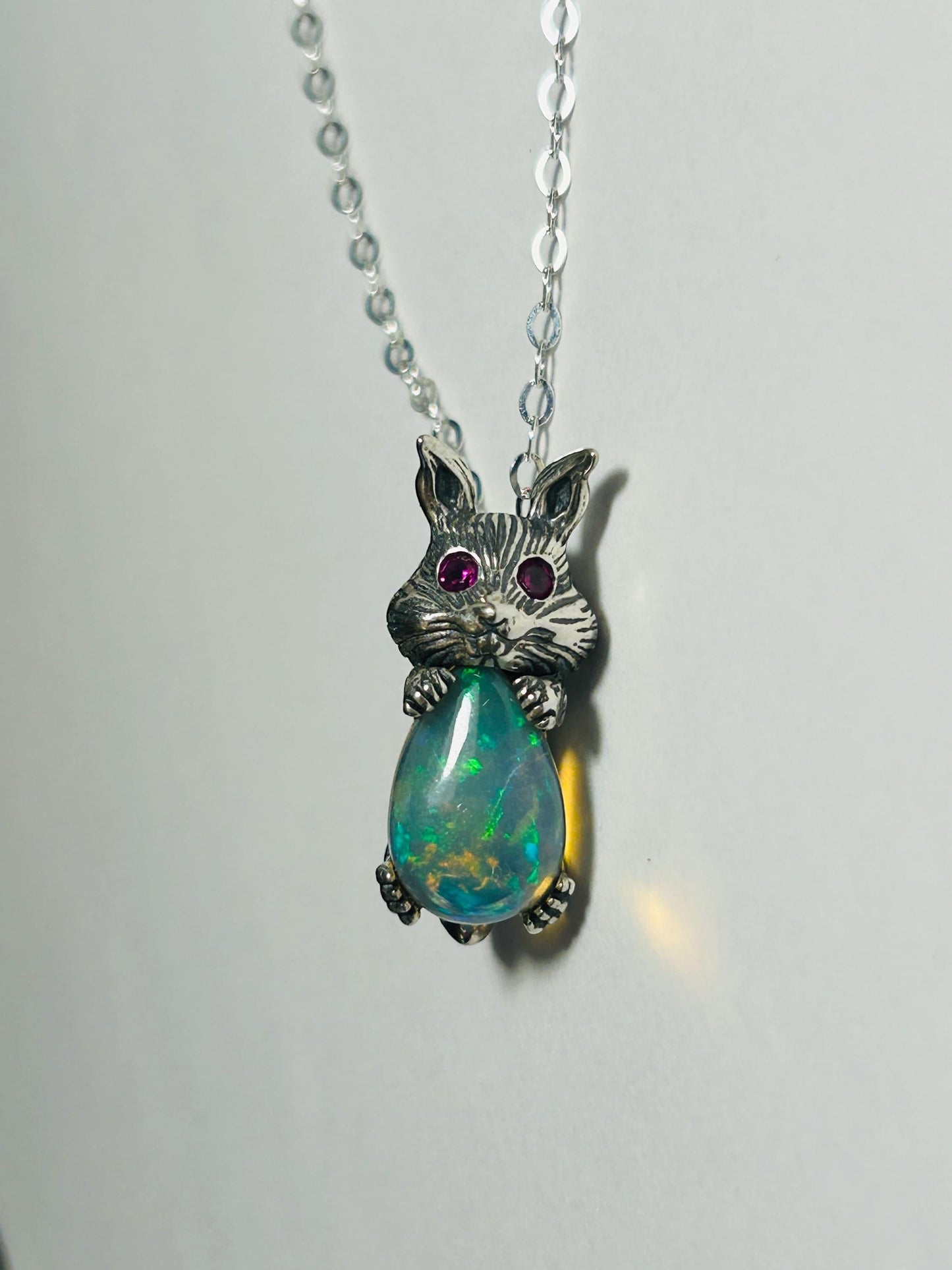 Rabbit Pendant with Opal Gemstone • 925 Sterling Silver • Gift Box