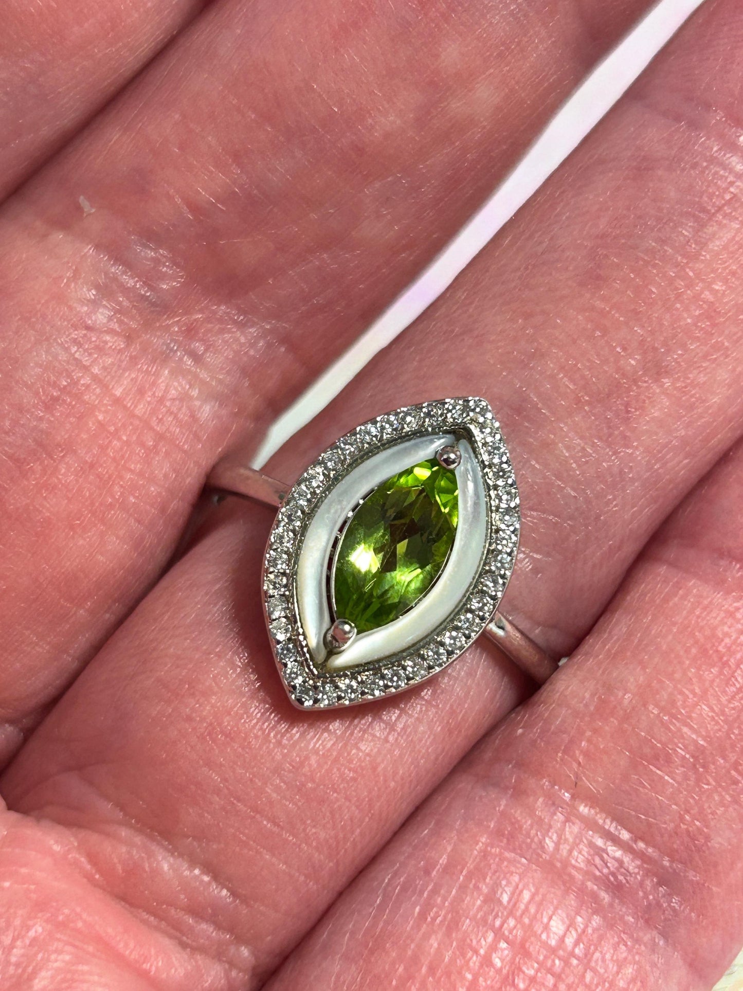 Marquise Ring with Peridot Gemstone, Shell & CZ Accents • 925 Sterling Silver • Adjustable • Gift Box