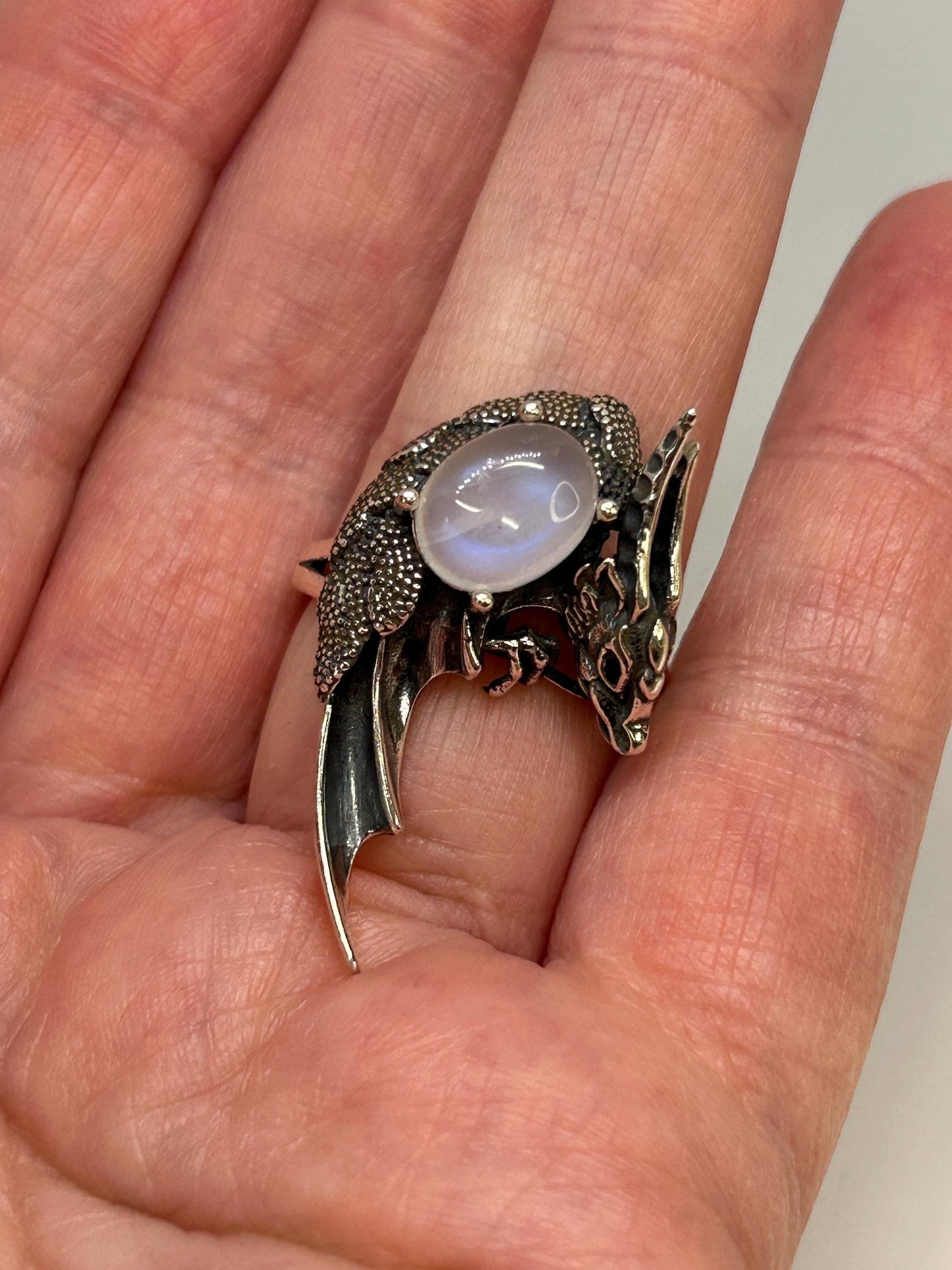 Dragon Ring with Rainbow Moonstone Gemstone • 925 Sterling Silver • Adjustable Size • Gift Box