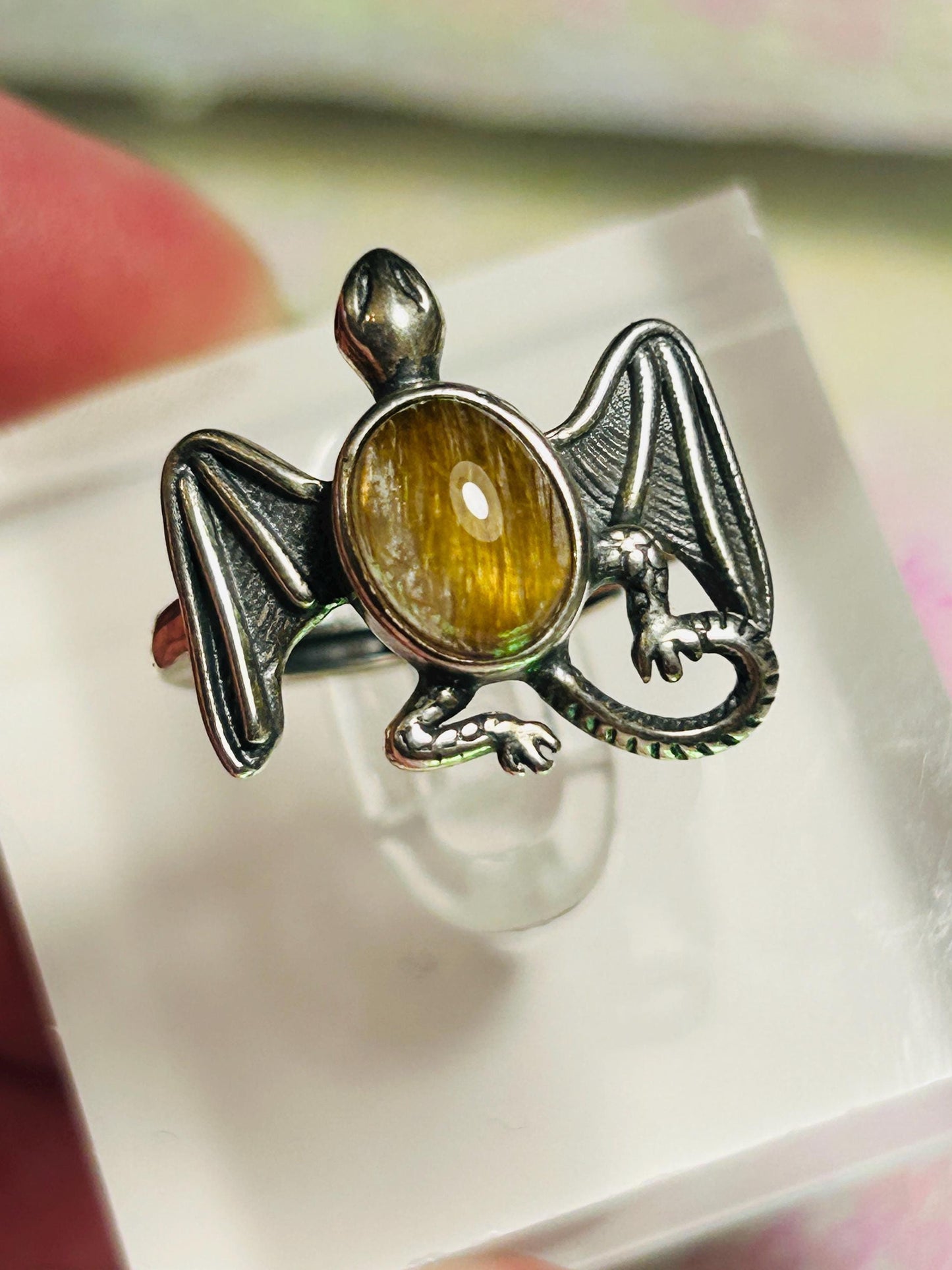 Silver Dragon Ring: Gold Rutilated Quartz Gemstone, Adjustable Band