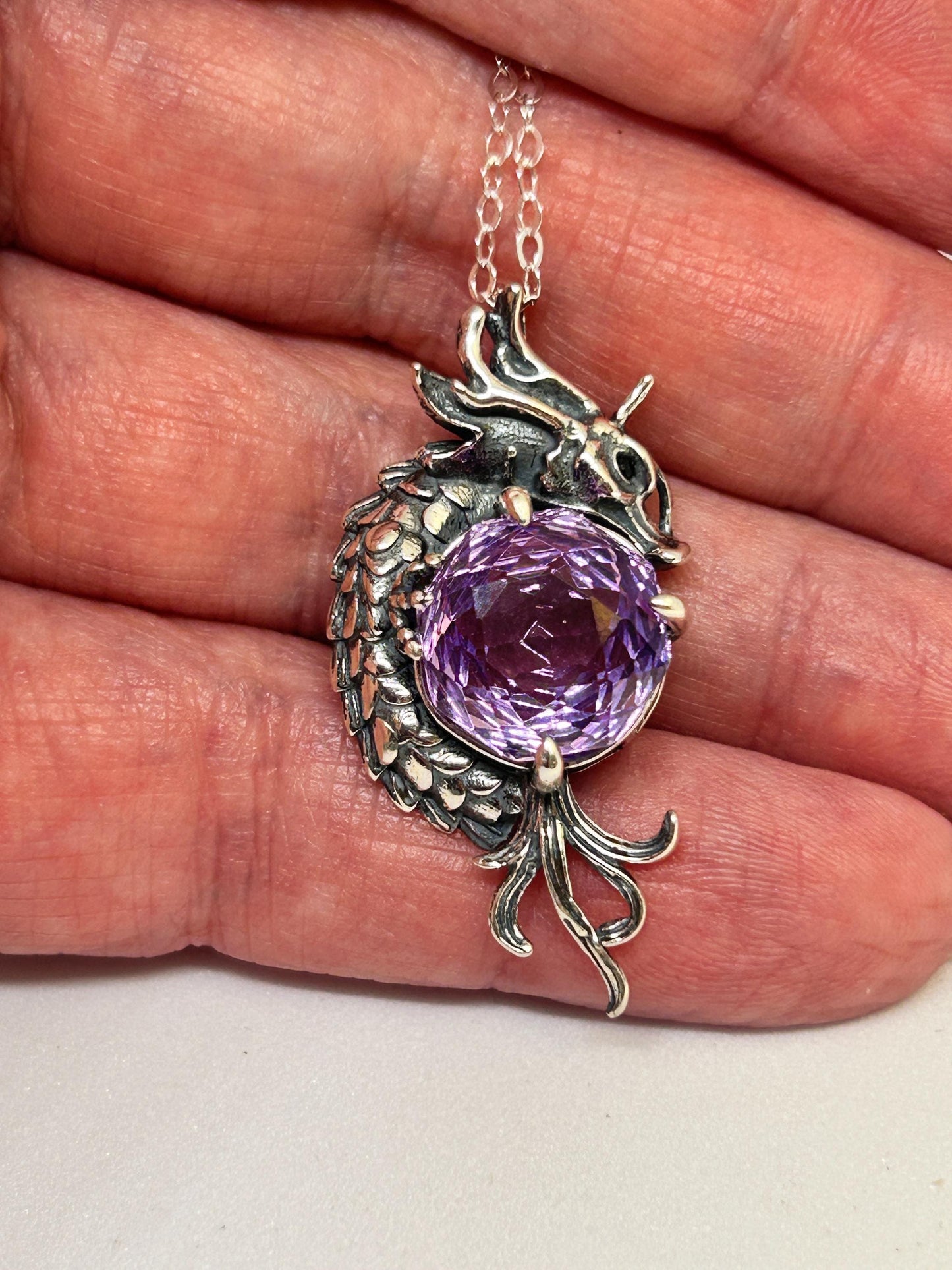 Amethyst Dragon Pendant | 925 Sterling Silver Necklace | Handcrafted Fantasy Jewellery | Gift for Her